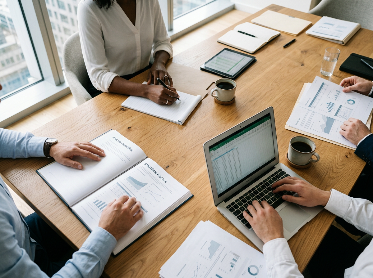 Réunion d'affaires avec quatre personnes autour d'une table en bois, examinant des documents, des graphiques et un ordinateur portable, dans une salle lumineuse avec vue sur des gratte-ciels.