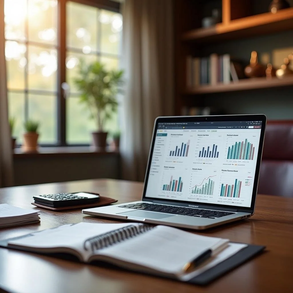 Un ordinateur portable affichant des graphiques et des statistiques sur un tableau dans un bureau, avec un cahier, un carnet, des documents et une calculatrice à côté.