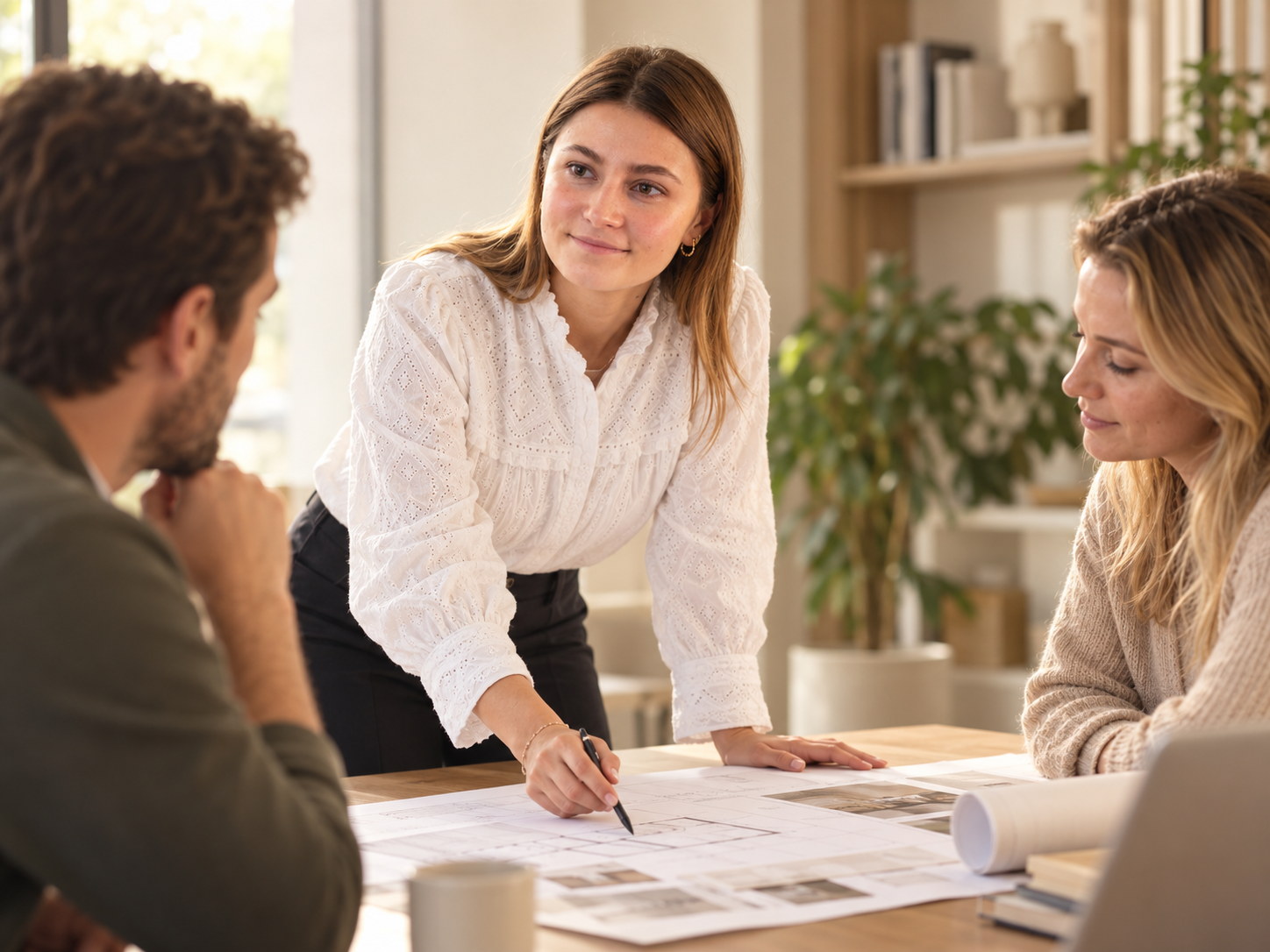 Une femme se tenant debout, posant une question ou donnant des instructions à deux autres personnes assises à une table lors d'une réunion ou d'une discussion. Il y a des plans, des livres et une tasse sur la table. L'ambiance est professionnelle et calme, dans un bureau lumineux.
