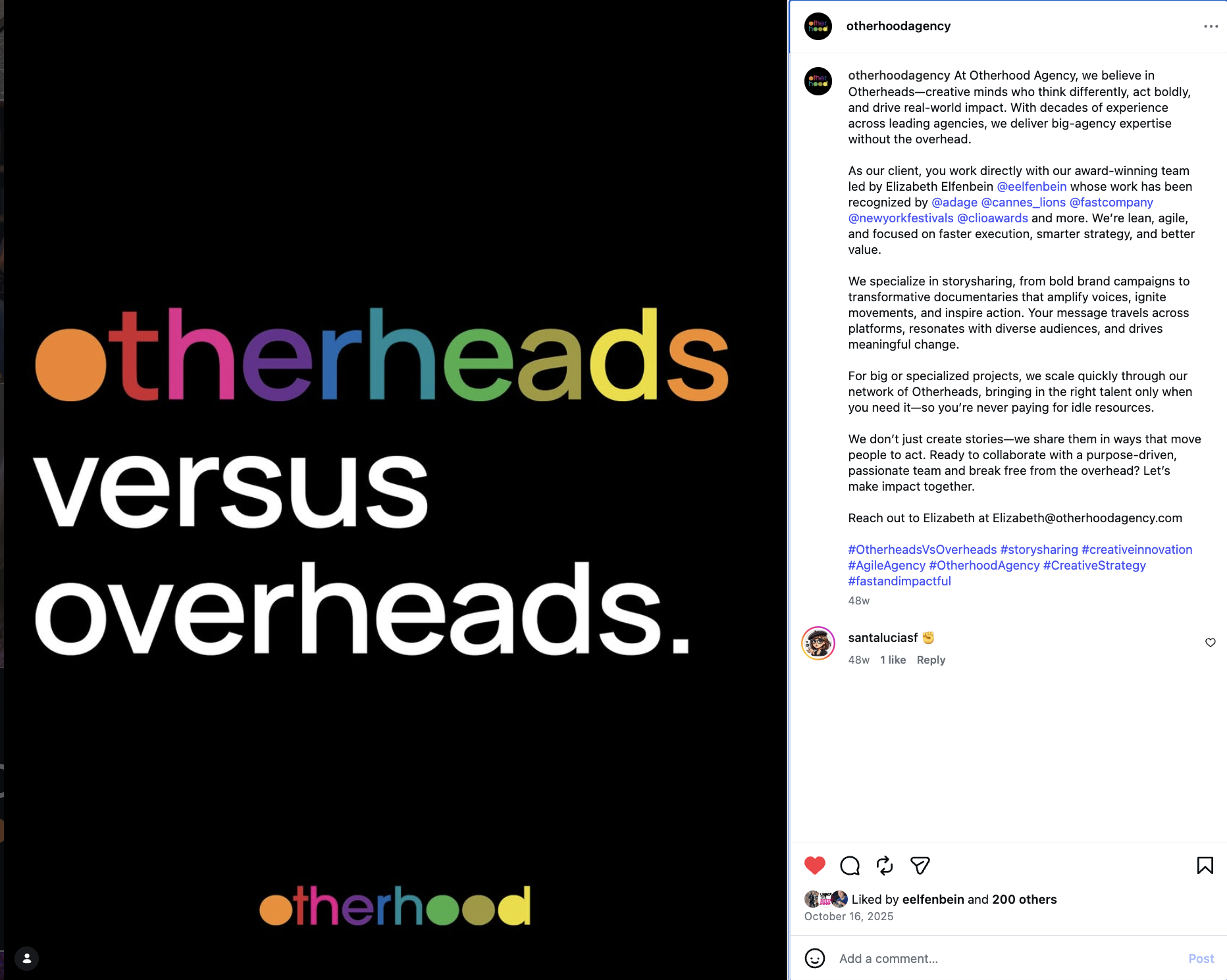 Text on black background reading "otherheads versus overheads", with the word "other" in rainbow-colored letters and "heads" in white.