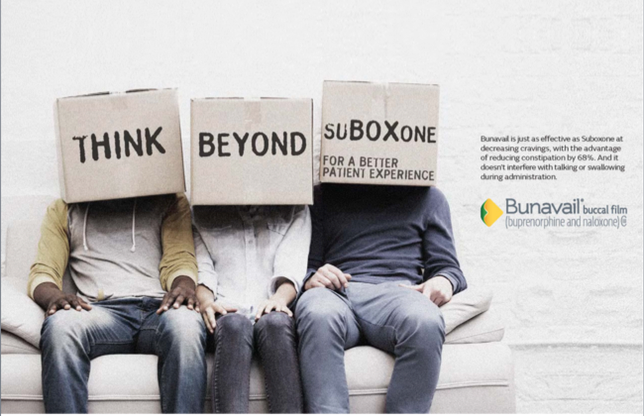 Three people sitting on a couch with boxes on their heads, each box displaying words: "THINK," "BEYOND," and "SUBOXONE," promoting a buprenorphine treatment for cravings and constipation relief.