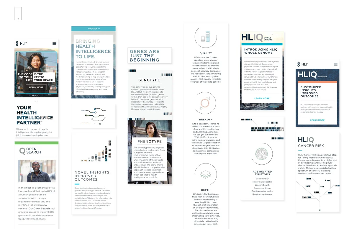 Collection of infographic slides and screens related to human longevity, health intelligence, genetics, genome sequencing, and cancer risk, with text and images explaining concepts and data.