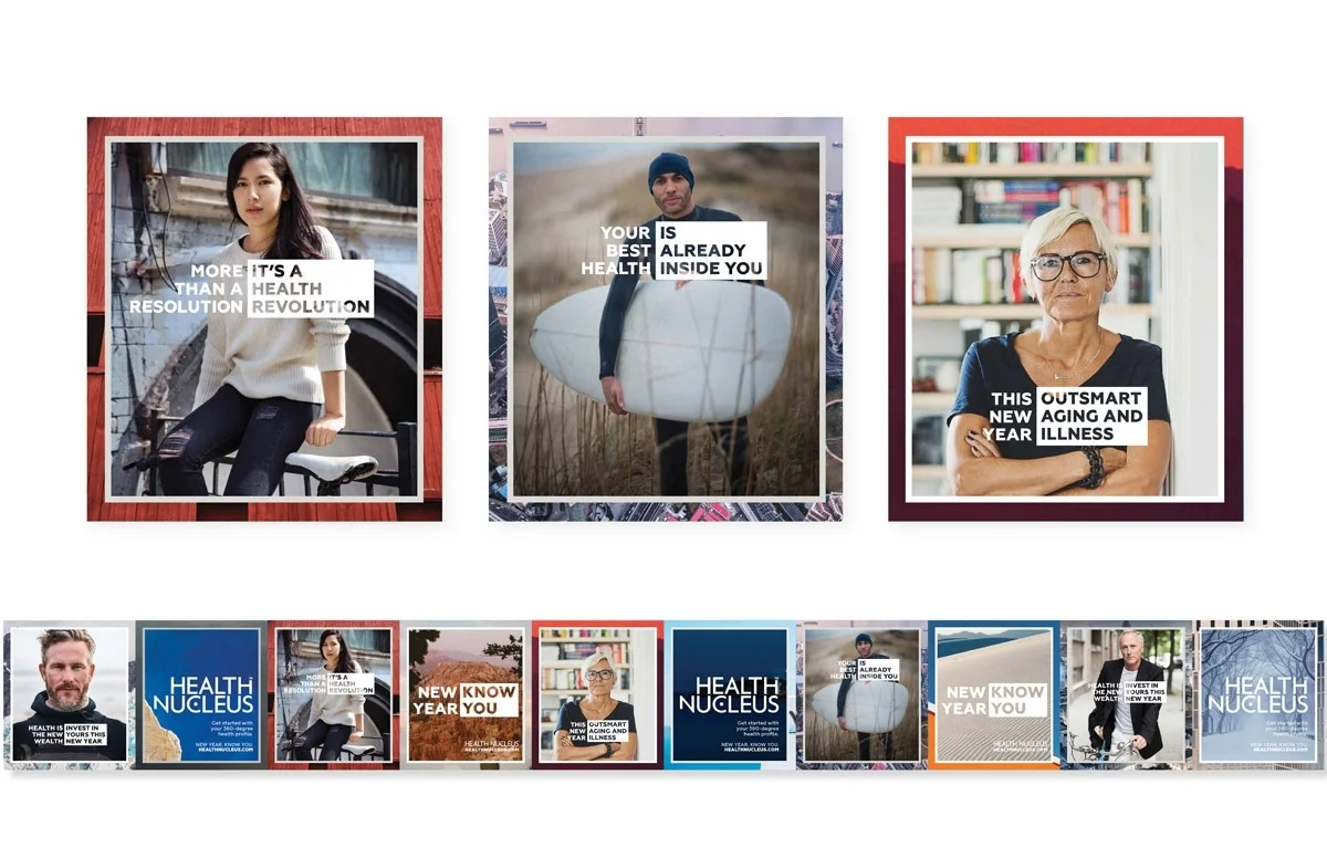A series of health-related social media post templates featuring diverse individuals in various settings, with overlays of text promoting health, aging, and wellness themes.