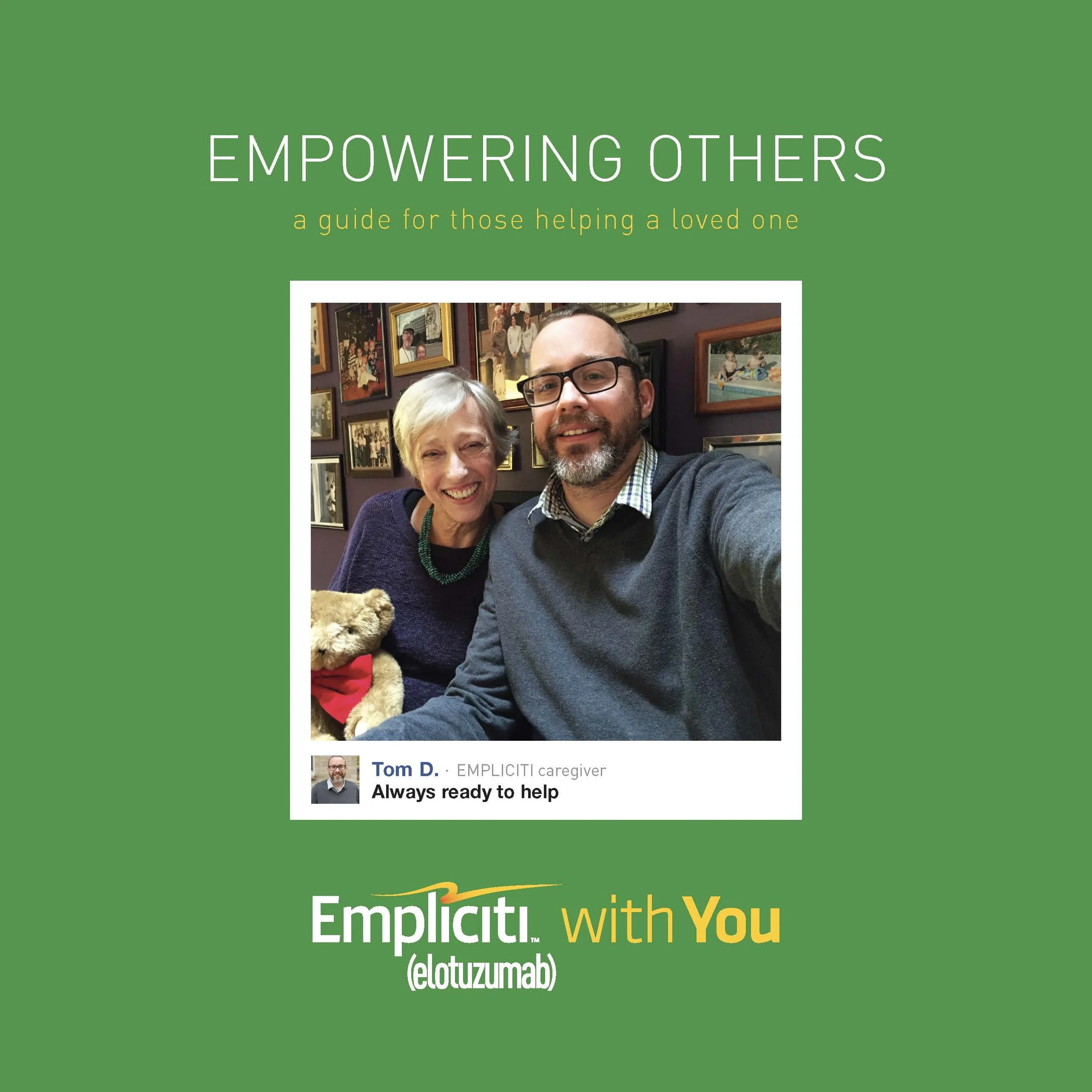 Cover page for a guide titled "Empowering Others: a guide for those helping a loved one" with a photo of a smiling woman and a man taking a selfie together at a restaurant or cafe, with framed pictures on the wall behind them.