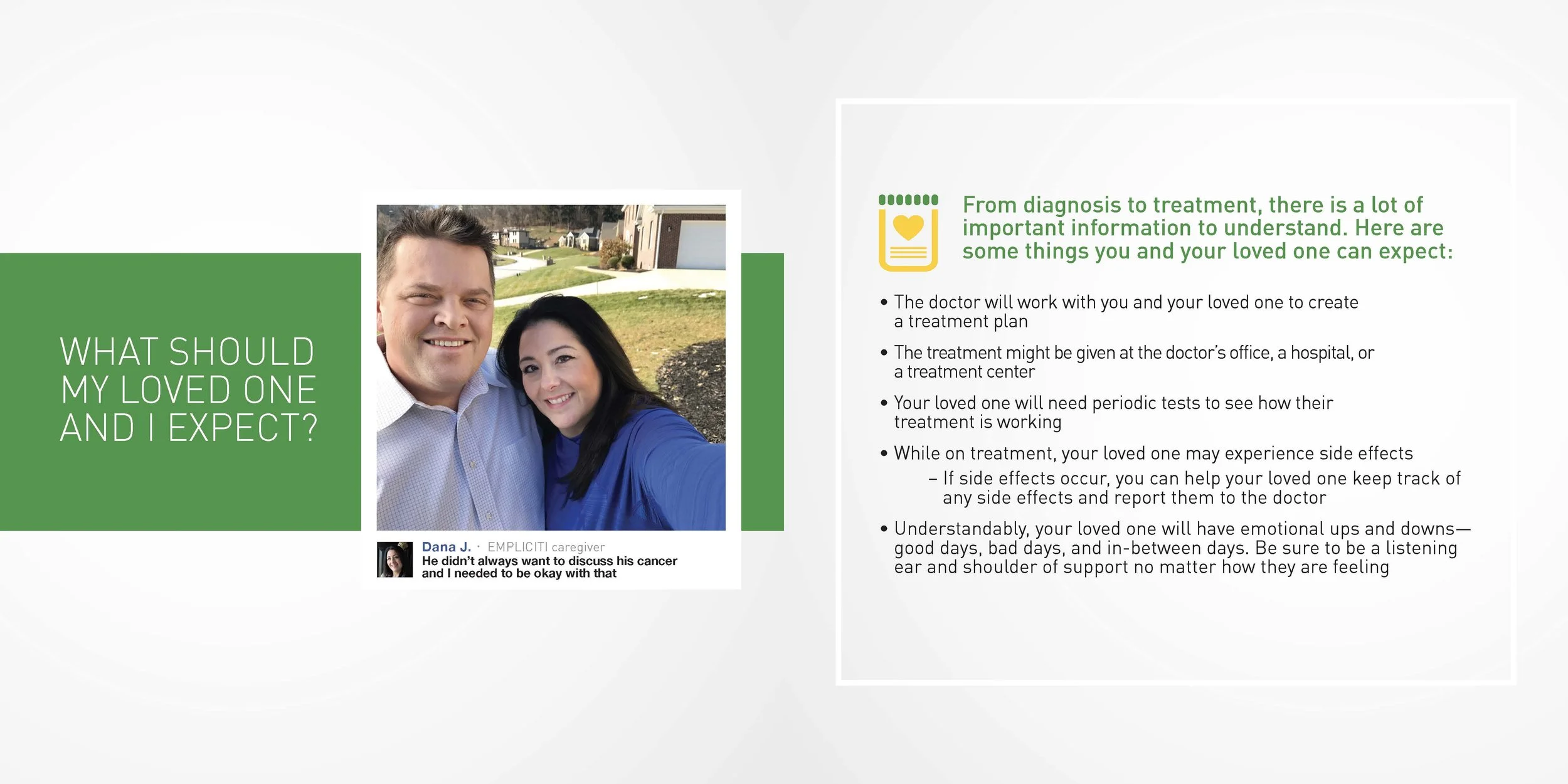 A brochure titled "What should my loved one and I expect?" features a photo of a smiling man and woman, a quote from Dana J., and informational bullet points about cancer diagnosis, treatment options, testing, side effects, and emotional support.