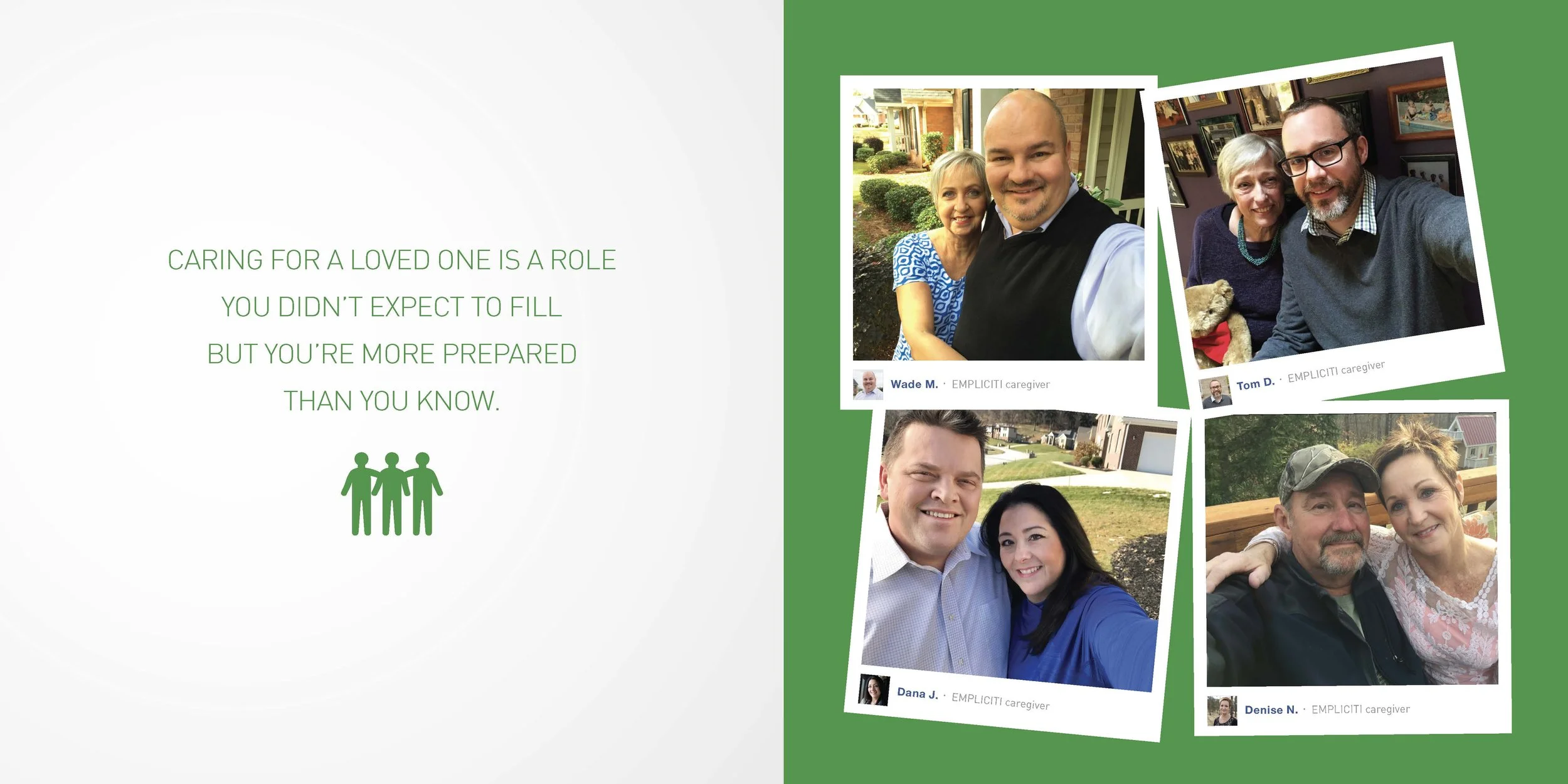 A digital collage with a quote about caring for loved ones, alongside four polaroid-style photos of different people, each identified as an EMPLICIT caregiver.