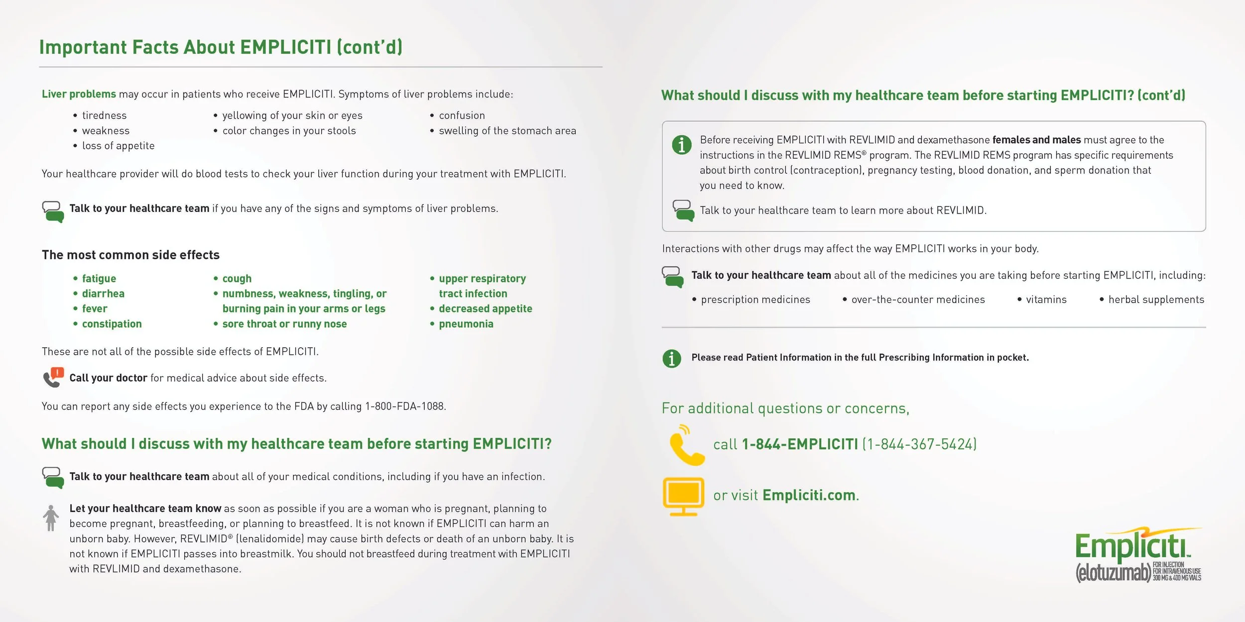 Informational medical document about EMPLICITI, listing side effects, precautions, and contact information for healthcare guidance.