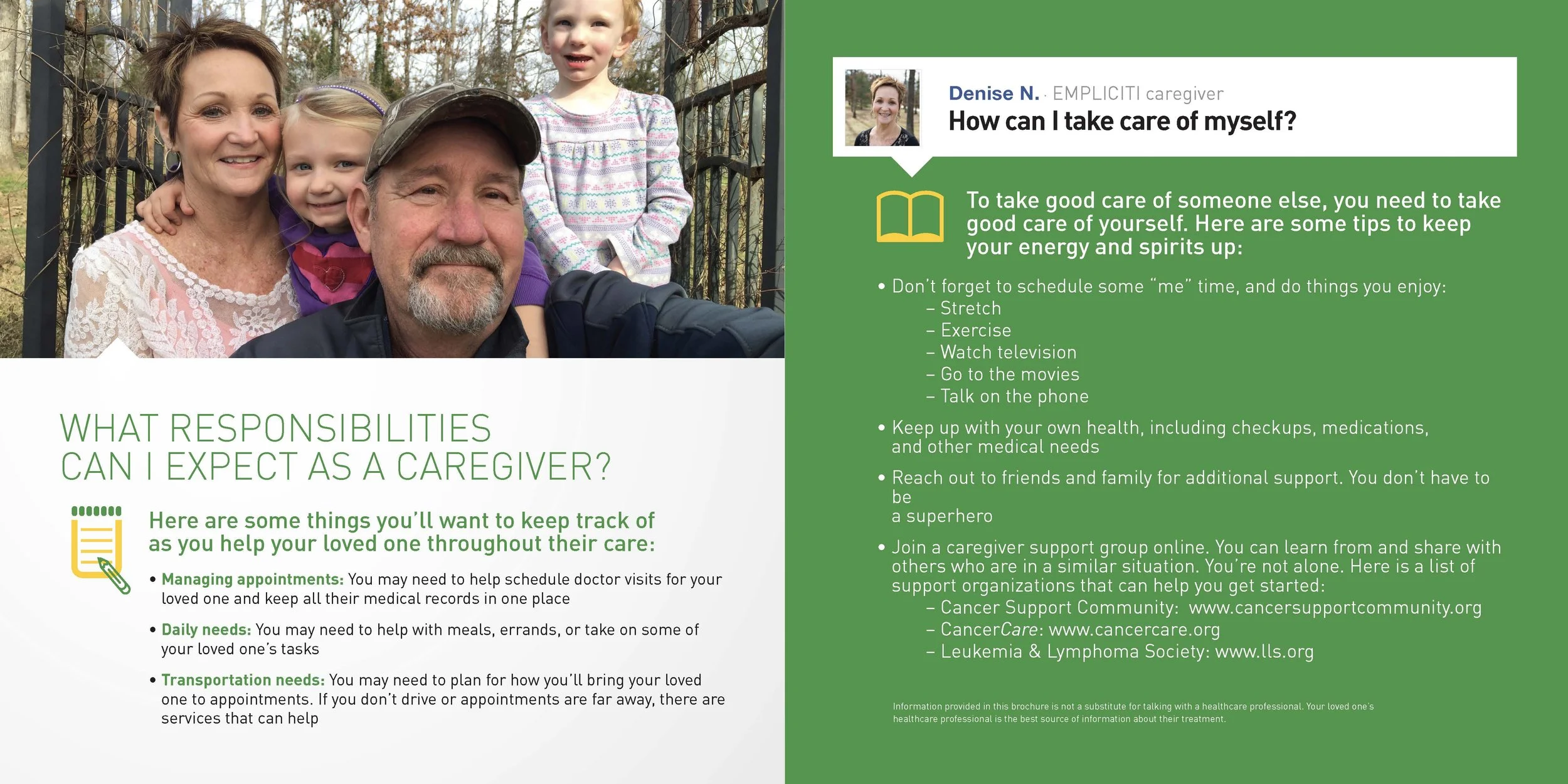 A smiling woman with two young girls outdoors, posing behind a fence, with trees in the background, and a green informational brochure on caregiver responsibilities beside the photo.