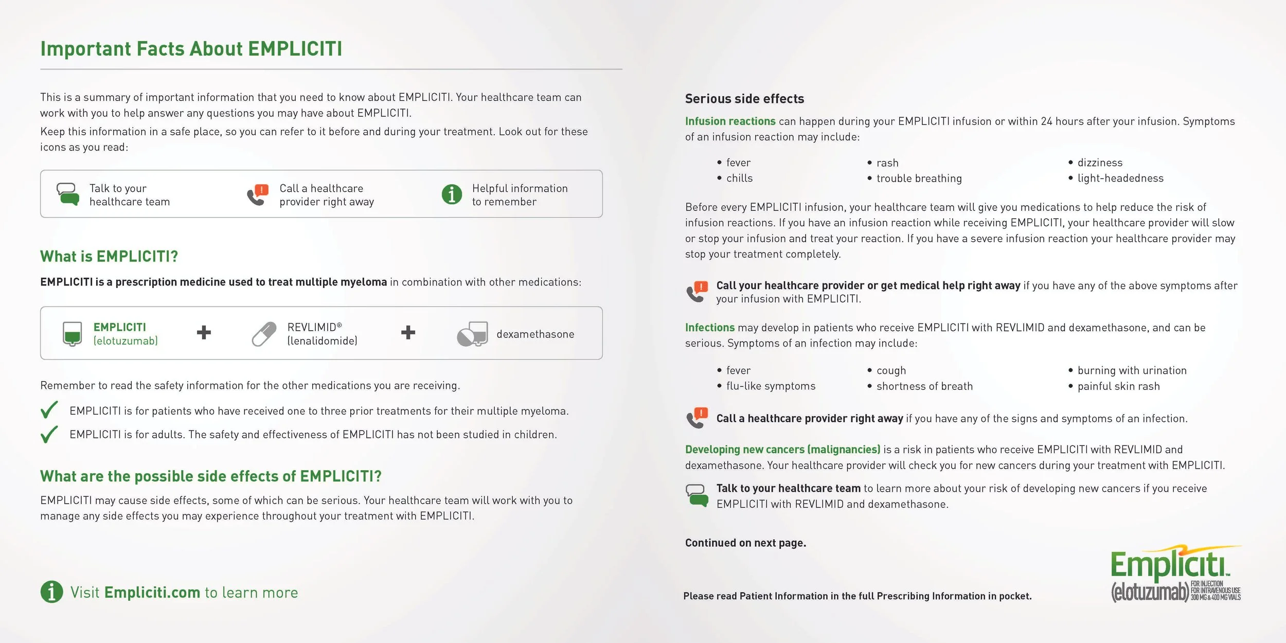 Informational page about EMPlicit, a medication for treating multiple myeloma, including side effects, usage instructions, and contact suggestions.