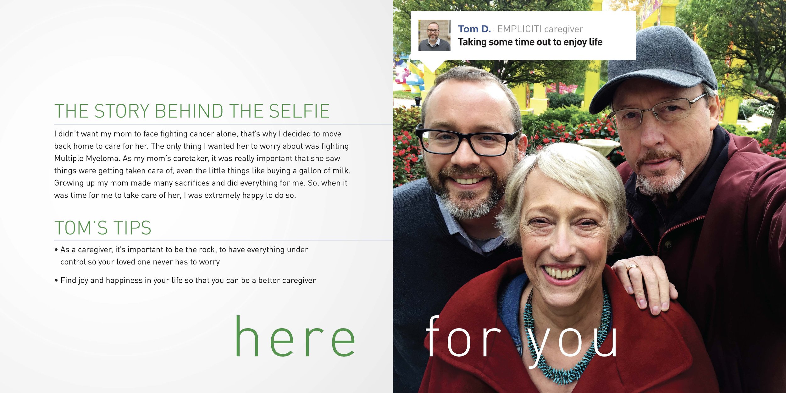 A group of three adults, two men and one woman, taking a selfie outdoors in a park with green trees and colorful decorations in the background.