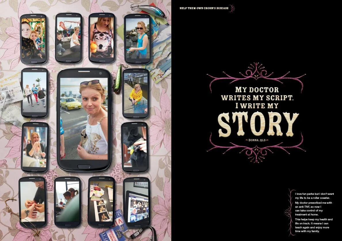Collection of smartphones displaying personal photos, arranged on a floral tablecloth with some entertainment items and tickets, next to a black poster with a quote about storytelling and medical treatment.