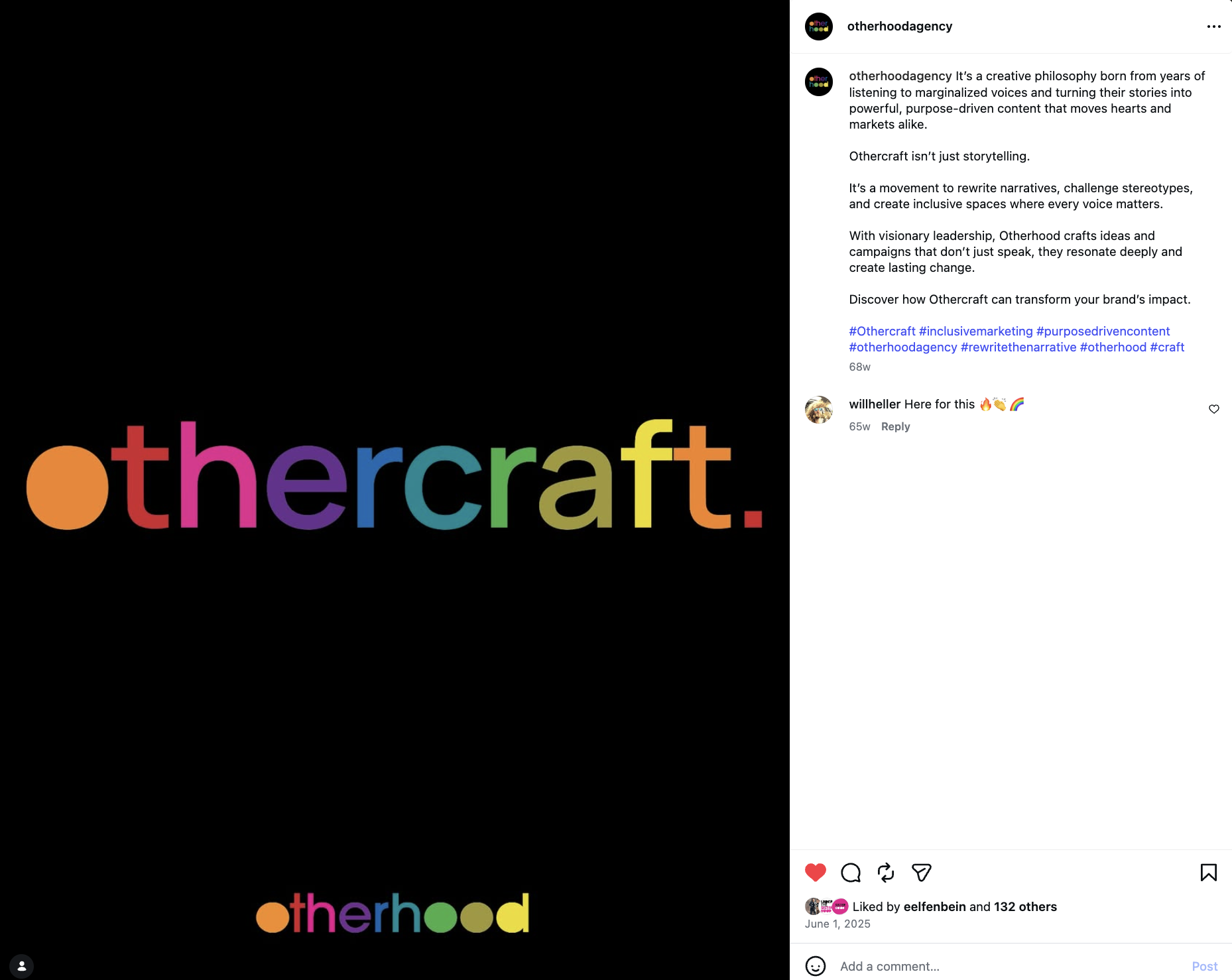 Colorful text spelling 'otherhood' on a black background, with each letter in a different bright color.