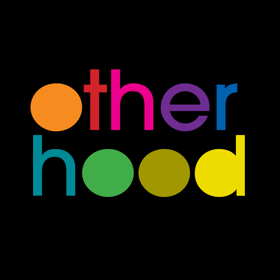 Colorful text on black background spelling 'otherhood' with each letter in a different bright color and the o in 'other' represented as an orange circle.