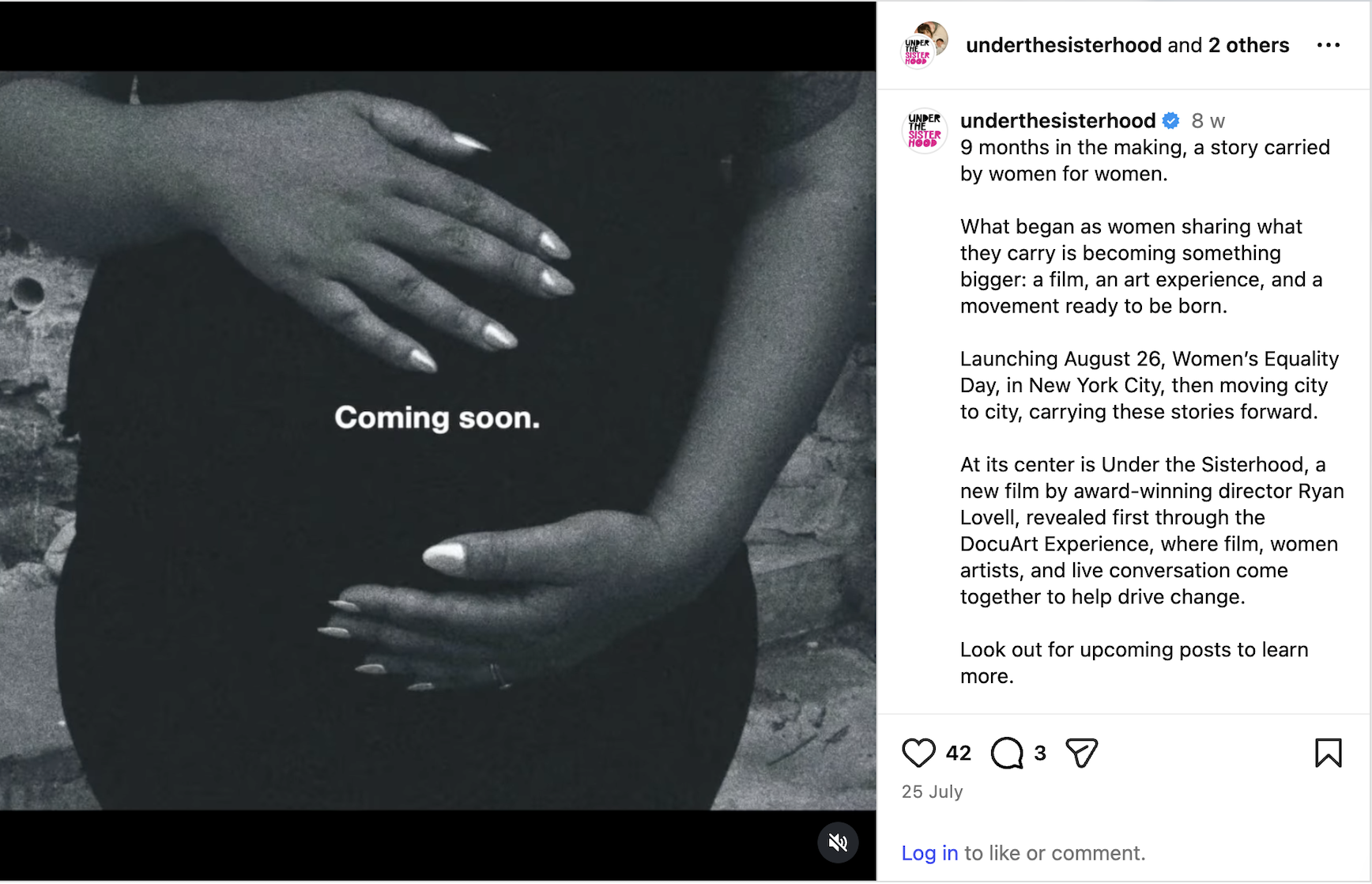 Black and white image of a woman holding her belly, with the text "Coming soon." overlaid. The right side contains a text block describing an upcoming film titled "Under the Sisterhood," focusing on women's stories and social change.