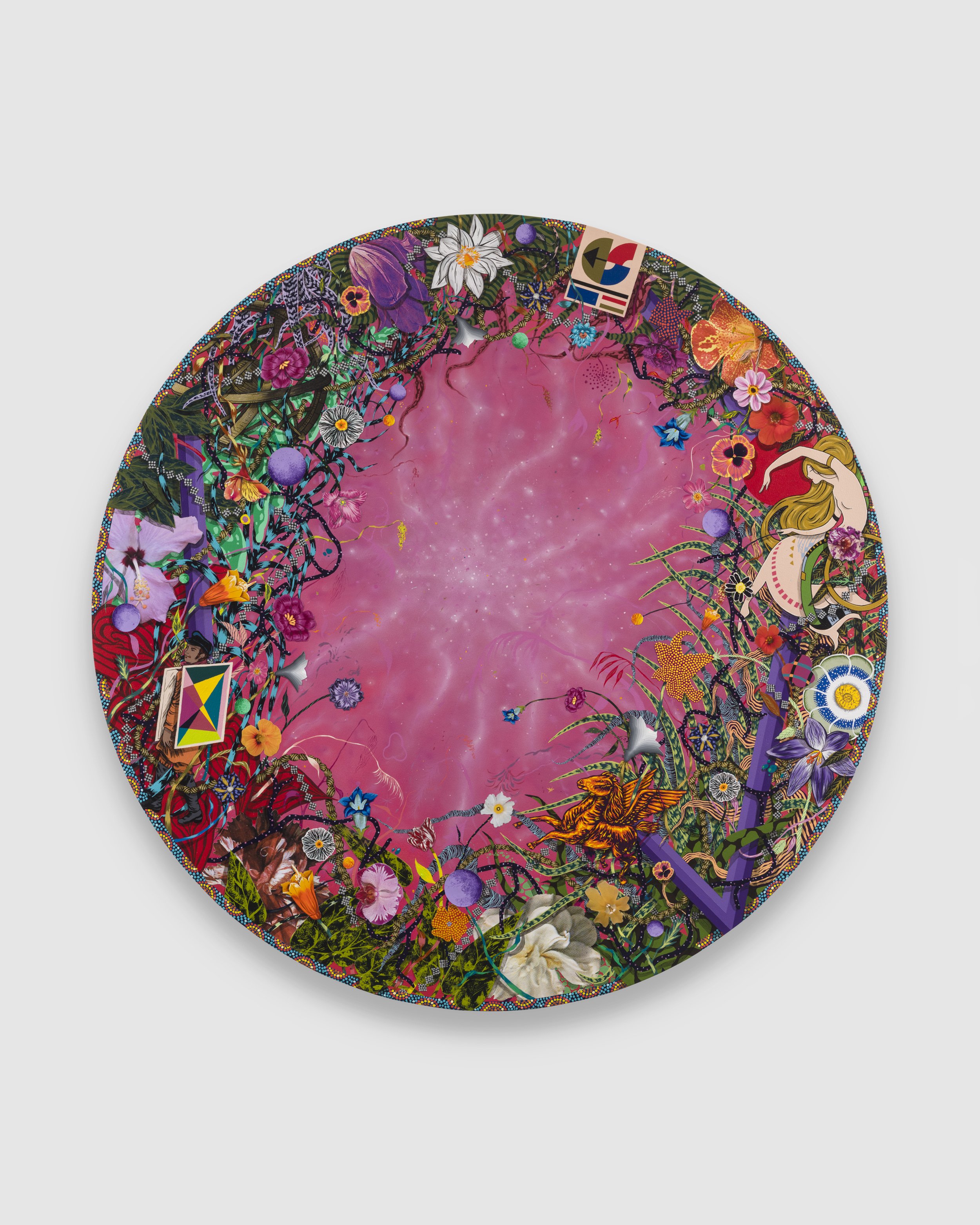 Signs Of Life, 2024
Acrylic and collage on canvas
5’ in diameter