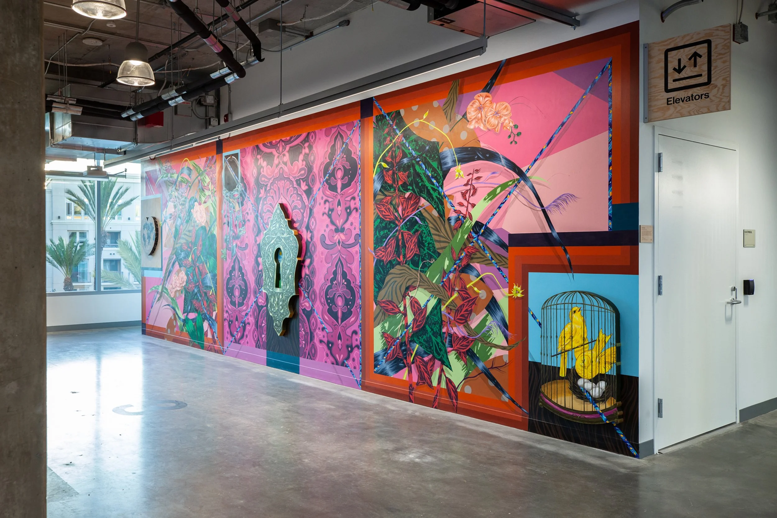 Under Lock and Key, The Caged Bird Sings, 2019
Acrylic and MDF on wall 
12.5' x 28'
Facebook Headquarters, Los Angeles, CA