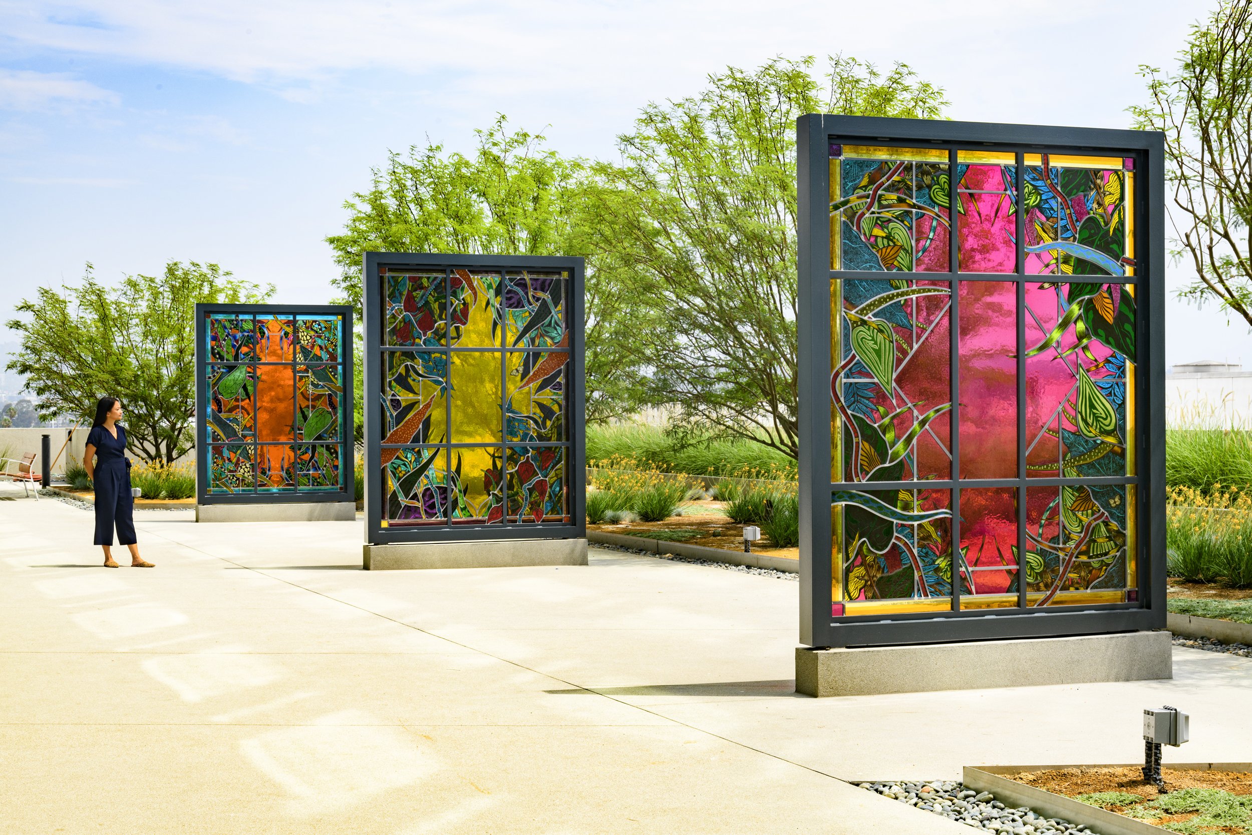 Portals, 2021
Stained glass, fused glass, steel, paint
Three Sculptures, each 10’ x 7’ x 6”
Department of Mental Health headquarters, Los Angeles, CA