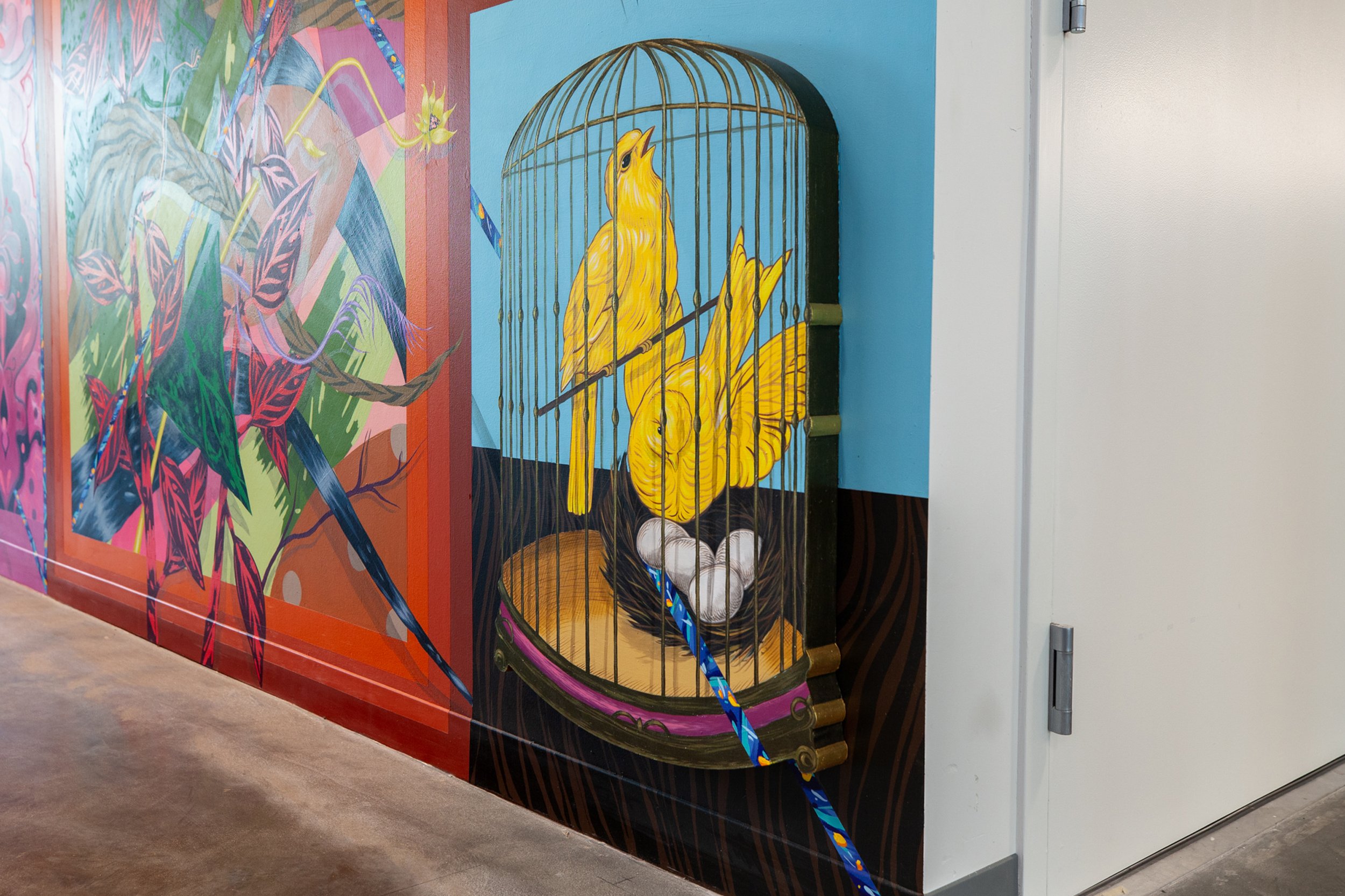Under Lock and Key, The Caged Bird Sings, 2019
Acrylic and MDF on wall 
12.5' x 28'
Facebook Headquarters, Los Angeles, CA