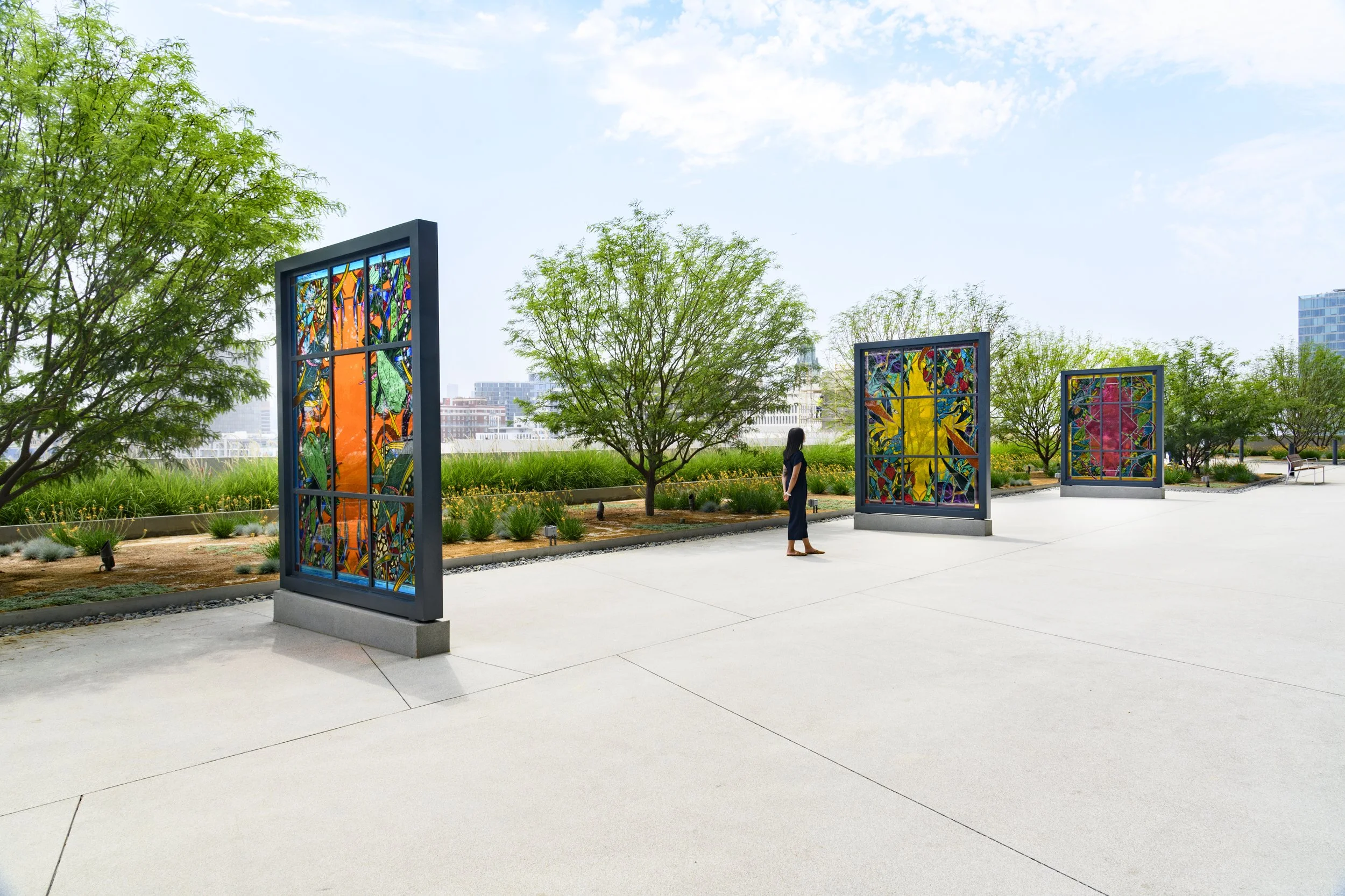 Portals, 2021
Stained glass, fused glass, steel, paint
Three Sculptures, each 10’ x 7’ x 6”
Department of Mental Health headquarters, Los Angeles, CA


