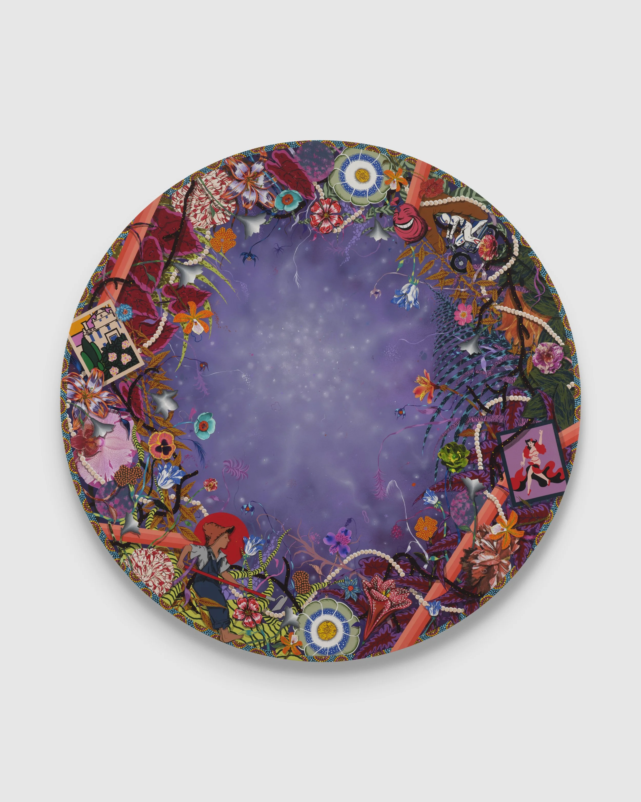 As We Turn, 2024,
Acrylic and collage on canvas,
60" in diameter