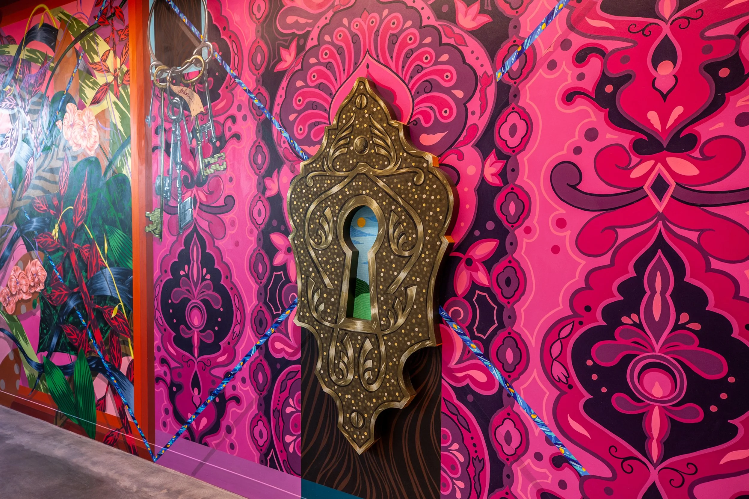 Under Lock and Key, The Caged Bird Sings, 2019
Acrylic and MDF on wall 
12.5' x 28'
Facebook Headquarters, Los Angeles, CA