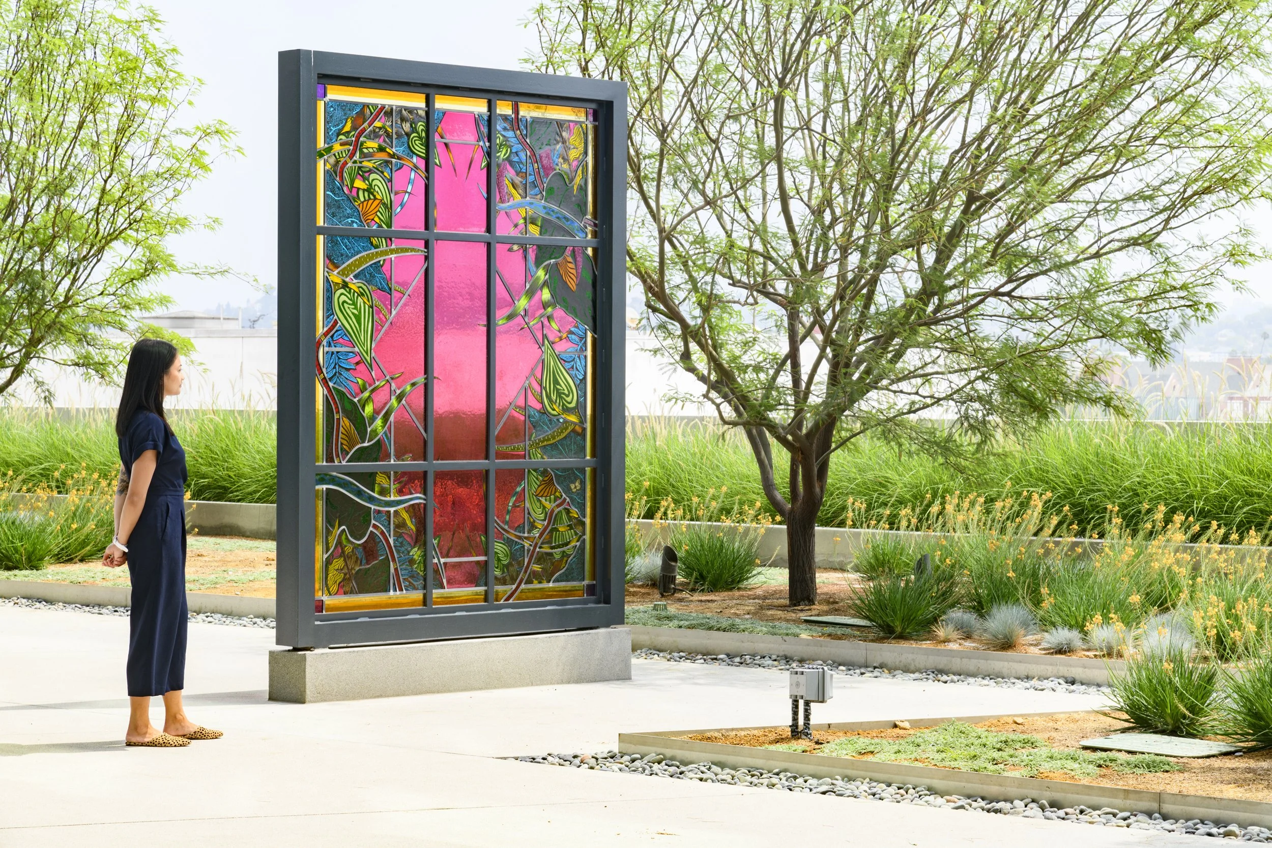 Portals, 2021
Stained glass, fused glass, steel, paint
Three Sculptures, each 10’ x 7’ x 6”
Department of Mental Health headquarters, Los Angeles, CA