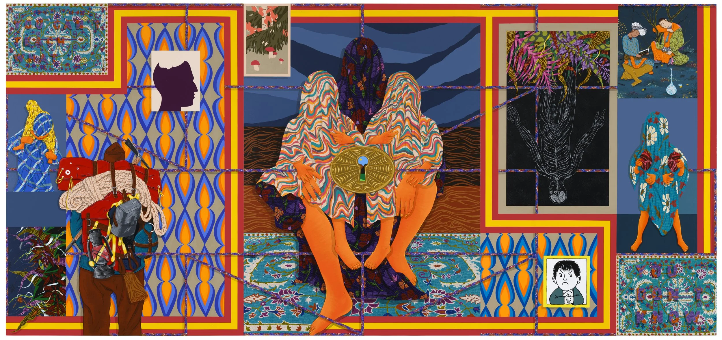 You Can't Teach What You Don't Know, 2021 Acrylic and collage on canvas,
7’x15’
