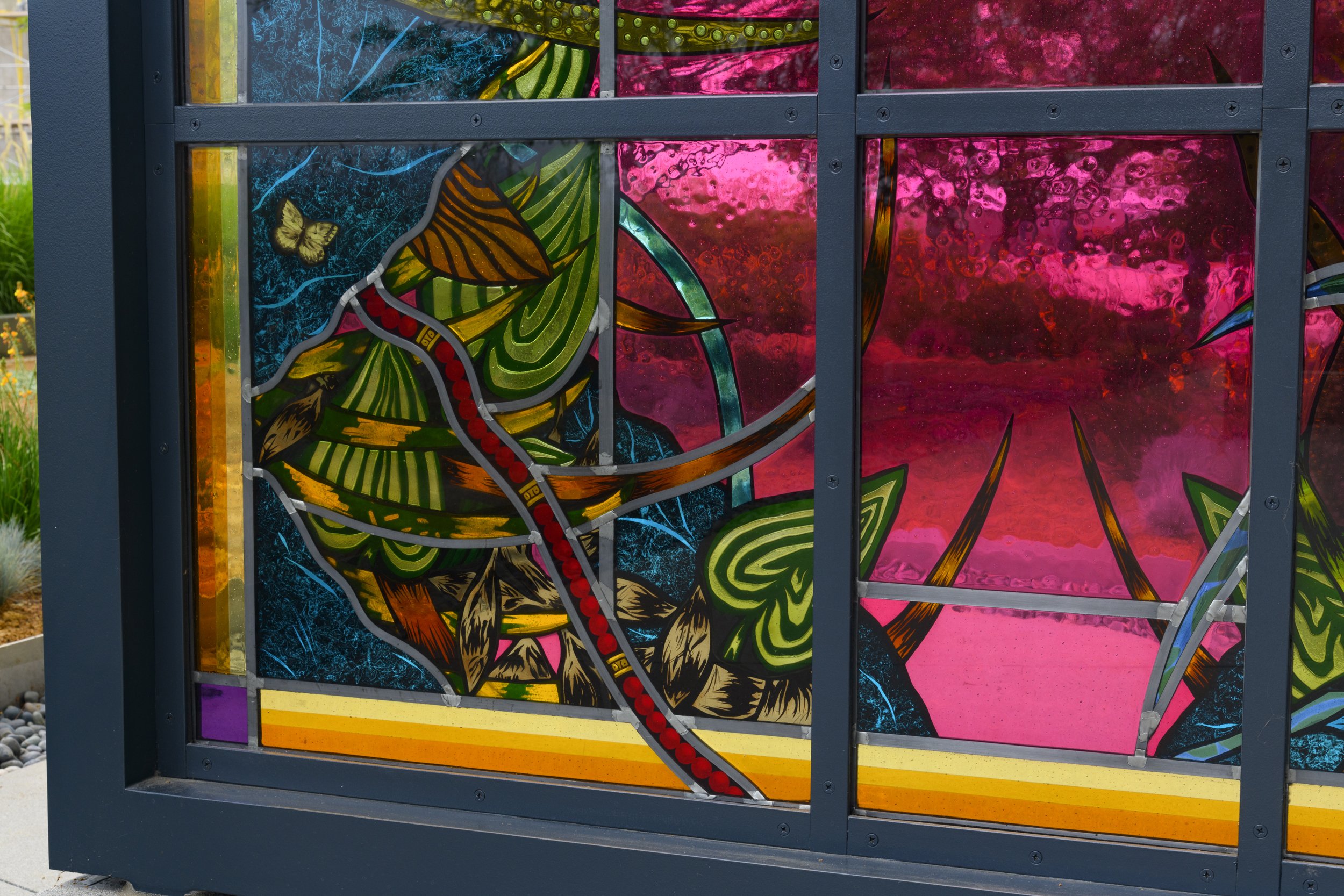 Portals, 2021
Stained glass, fused glass, steel, paint
Three Sculptures, each 10’ x 7’ x 6”
Department of Mental Health headquarters, Los Angeles, CA