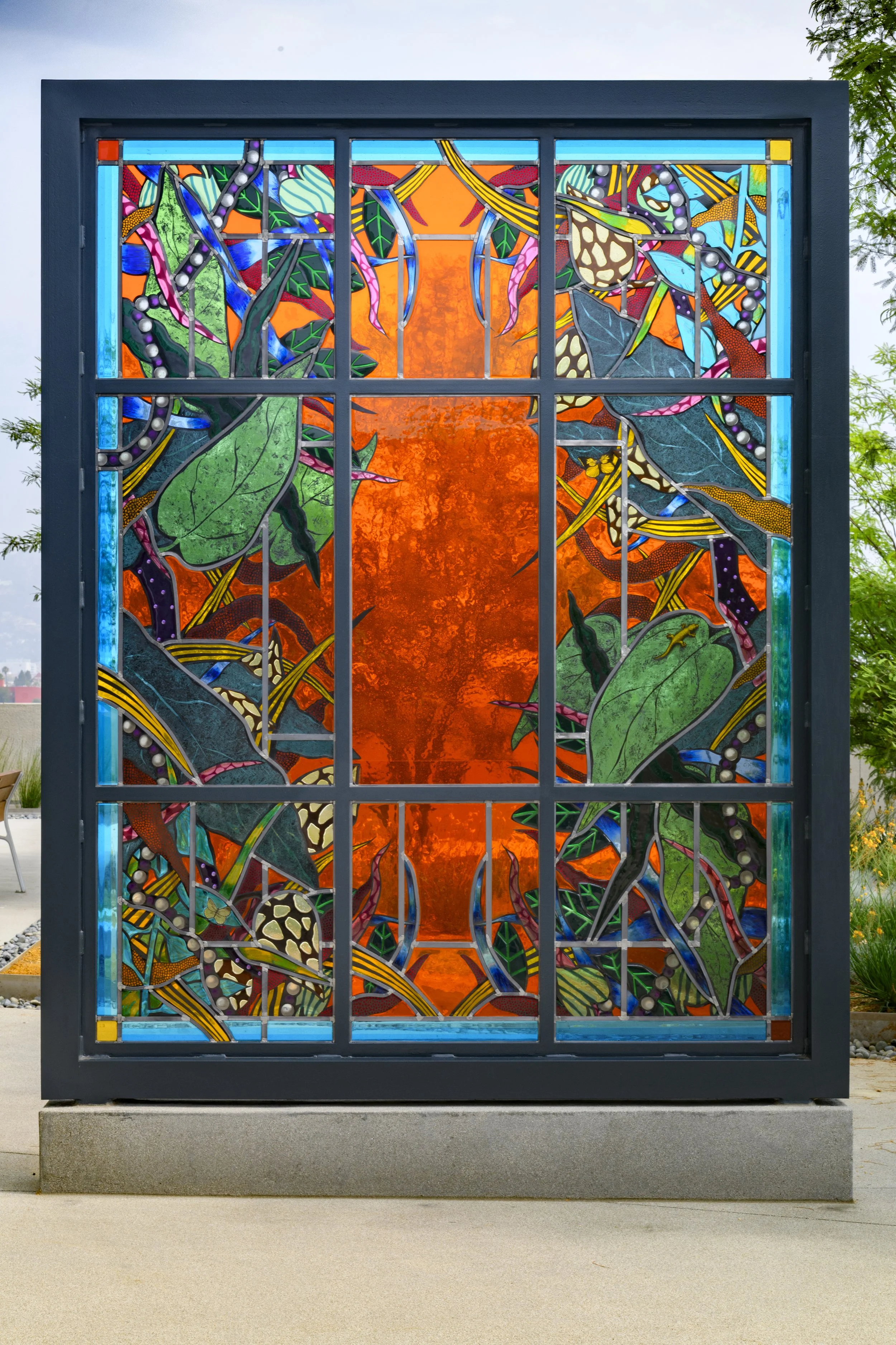 Portals, 2021
Stained glass, fused glass, steel, paint
Three Sculptures, each 10’ x 7’ x 6”
Department of Mental Health headquarters, Los Angeles, CA