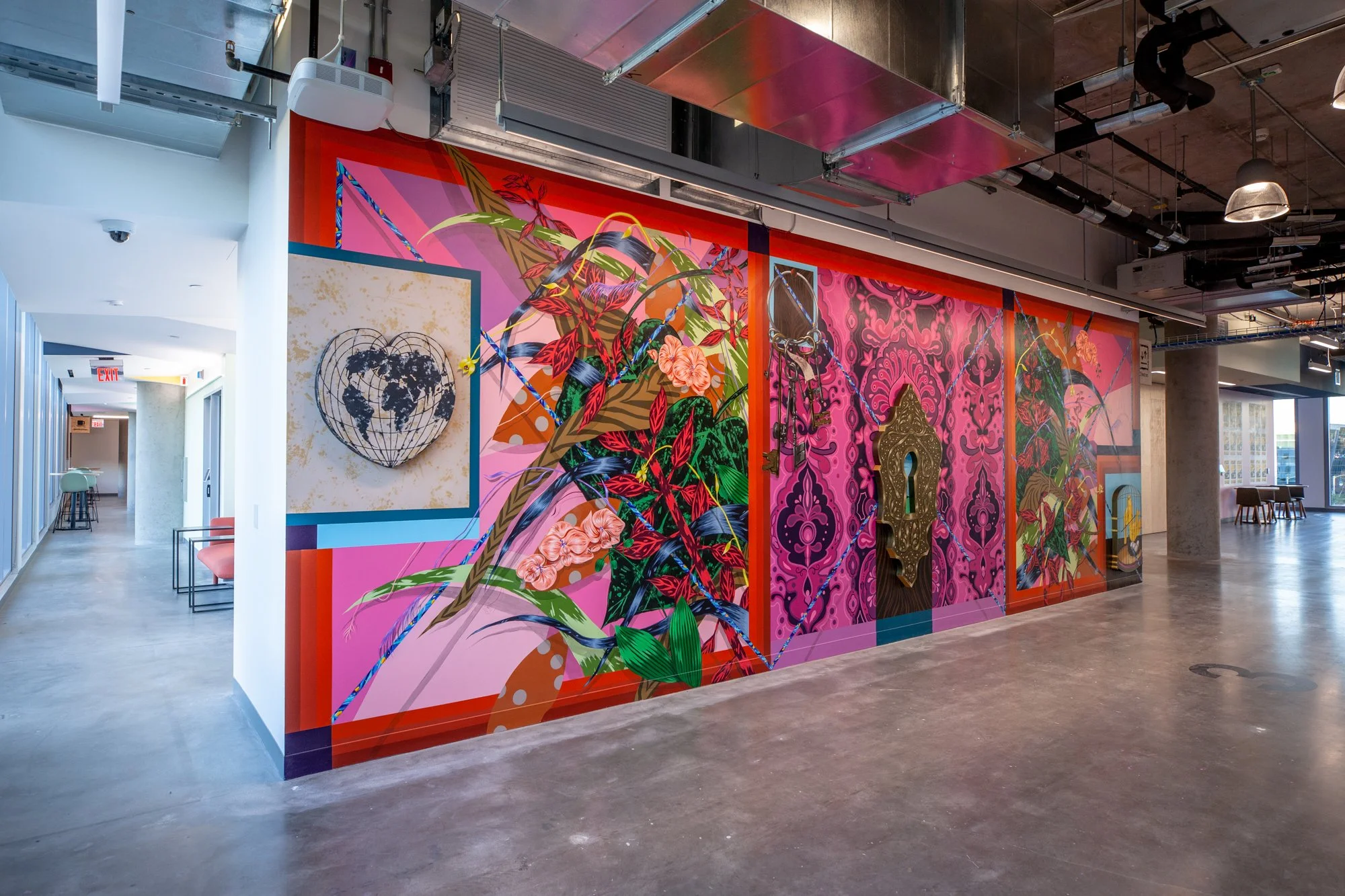 Under Lock and Key, The Caged Bird Sings, 2019
Acrylic and MDF on wall 
12.5' x 28'
Facebook Headquarters, Los Angeles, CA

