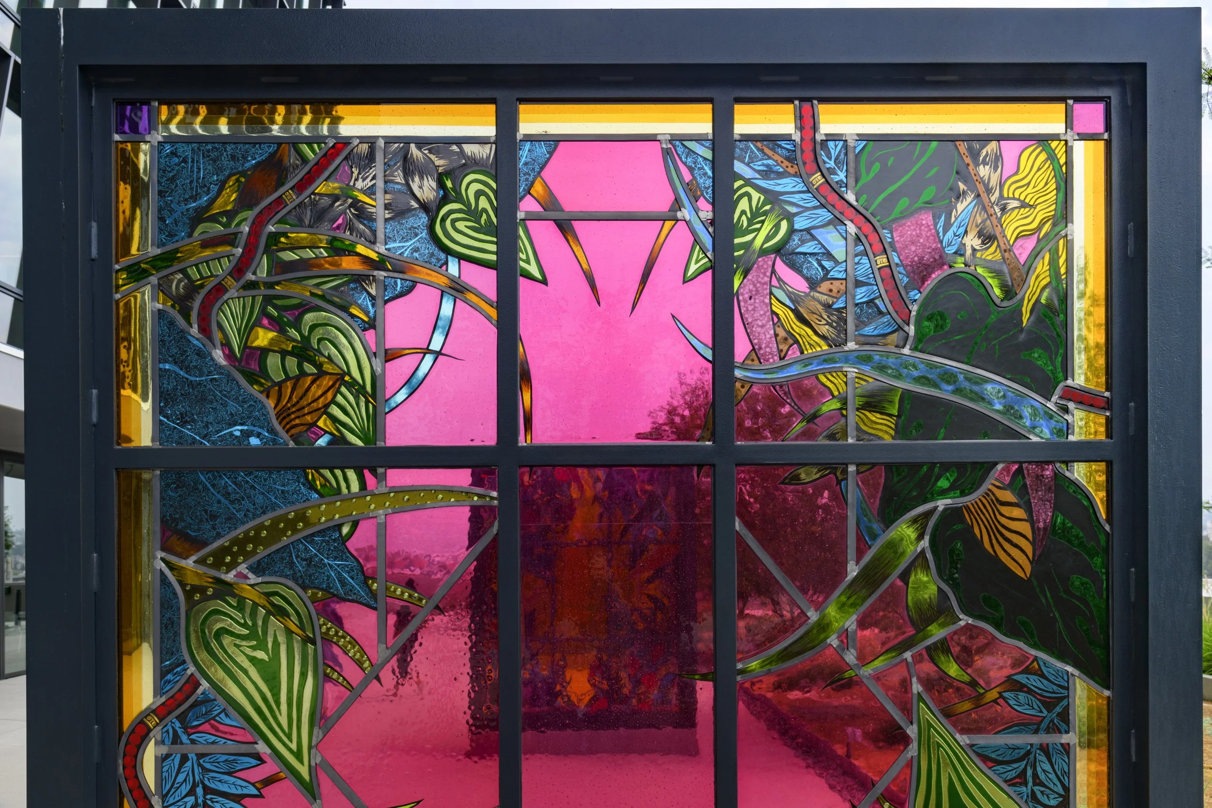 Portals, 2021
Stained glass, fused glass, steel, paint
Three Sculptures, each 10’ x 7’ x 6”
Department of Mental Health headquarters, Los Angeles, CA