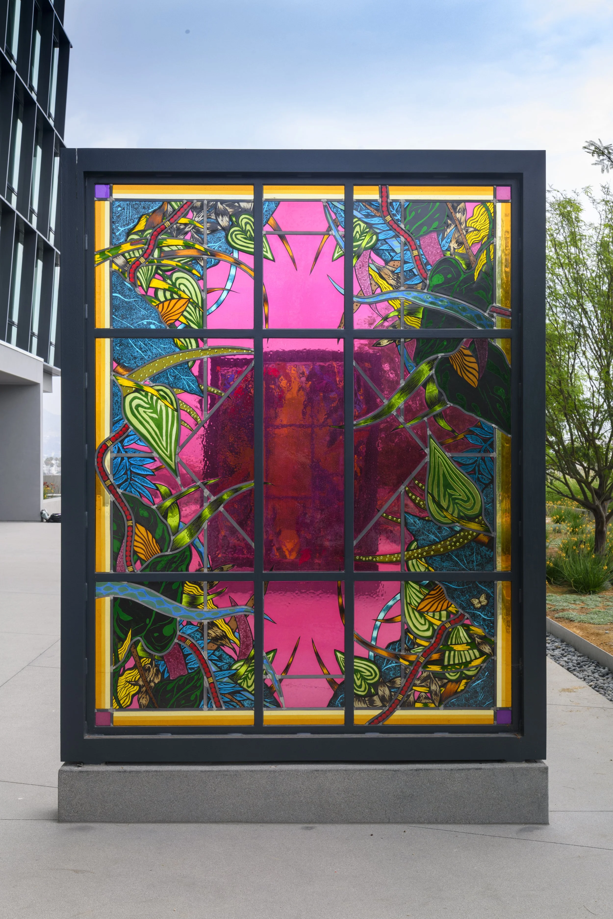 Portals, 2021
Stained glass, fused glass, steel, paint
Three Sculptures, each 10’ x 7’ x 6”
Department of Mental Health headquarters, Los Angeles, CA