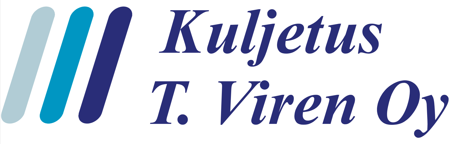 Logo with three diagonal lines in shades of blue and text that reads "Kuljetus T. Viren Oy" in a blue font.