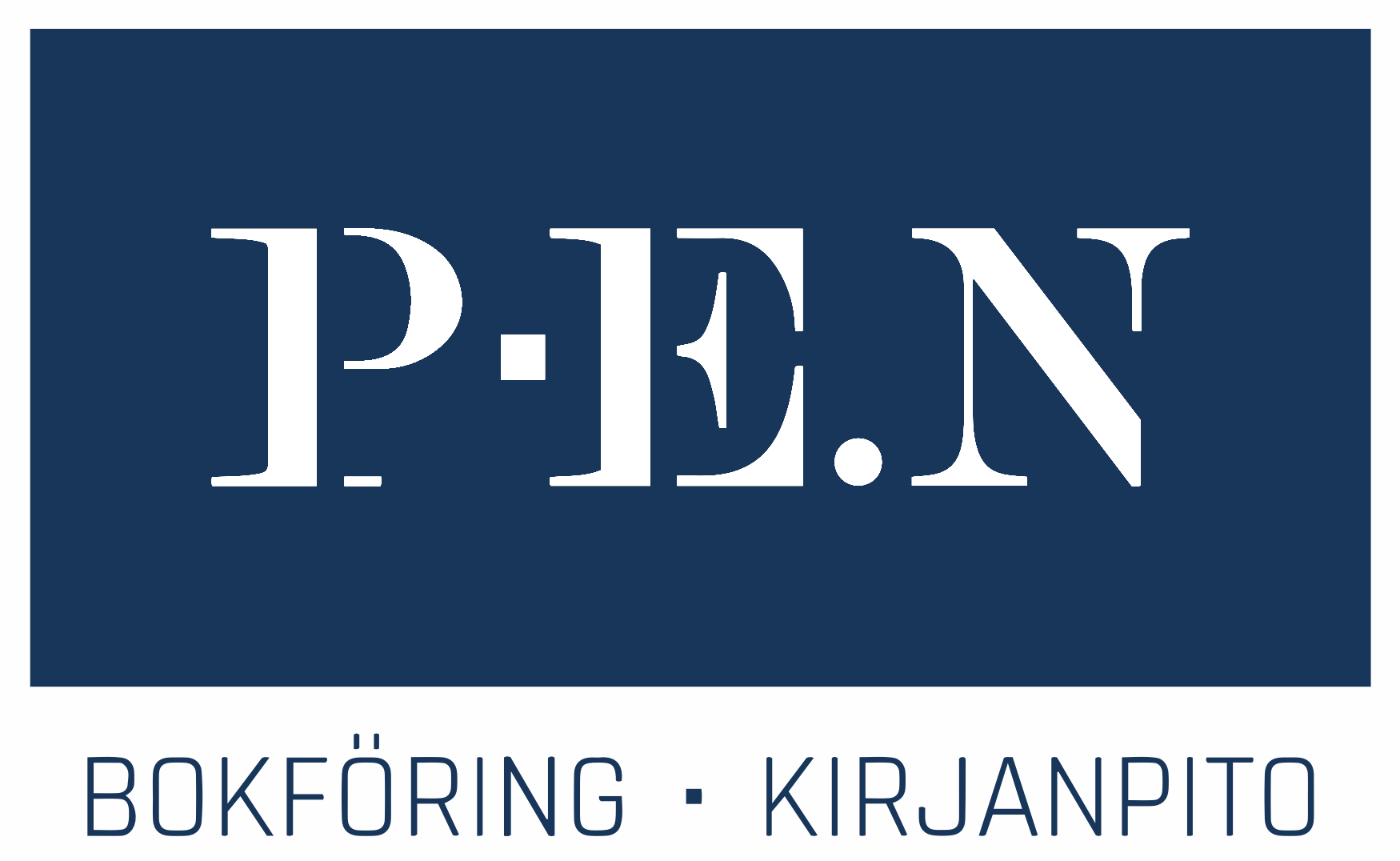 Logo with white text 'P-E.N.' on a navy blue background. Below, in smaller text, it says 'BOKFÖRING • KIRJANPITO'.