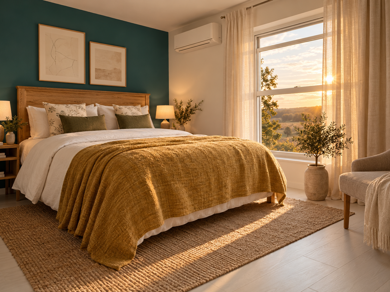 Cozy bedroom with a large bed, wooden headboard, white and green pillows, beige blanket, two lamps, potted plants, sunlight coming through large window with cream curtains, artwork on teal wall.