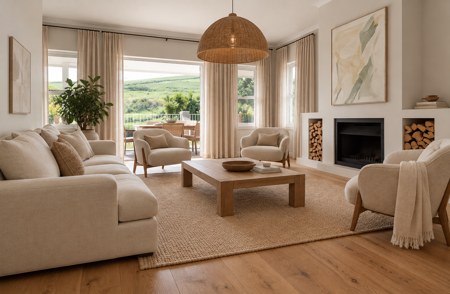 Living room with beige sofa, white armchairs, wooden coffee table, fireplace with stacked firewood, large windows with curtains, and a balcony with outdoor seating overlooking green hills.