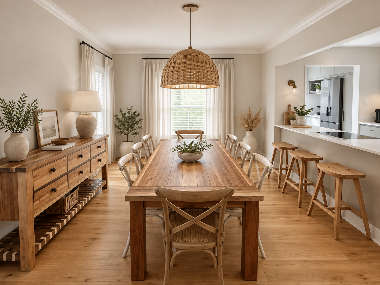 A bright dining room with a large wooden table, surrounded by seven chairs, and decorated with potted plants, framed artwork, and a woven pendant light overhead. There are large windows with curtains, and a sideboard with decorative items. A breakfast bar with three stools separates the dining area from the kitchen.