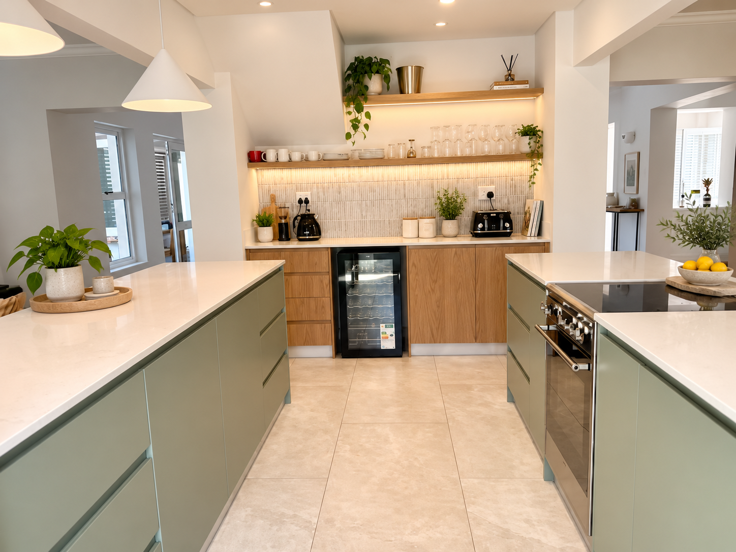 Modern kitchen with green cabinets, white countertops, and a tile backsplash. Appliances include a wine cooler and a stove. Decor features plants, cups, and glassware on open shelves.