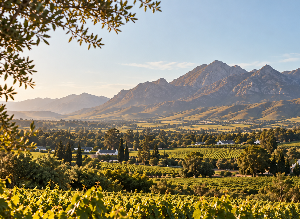 Scenic view of a vineyard with lush green grapevines, trees, and white houses in the foreground, rolling hills, and mountains in the background under a clear sky.