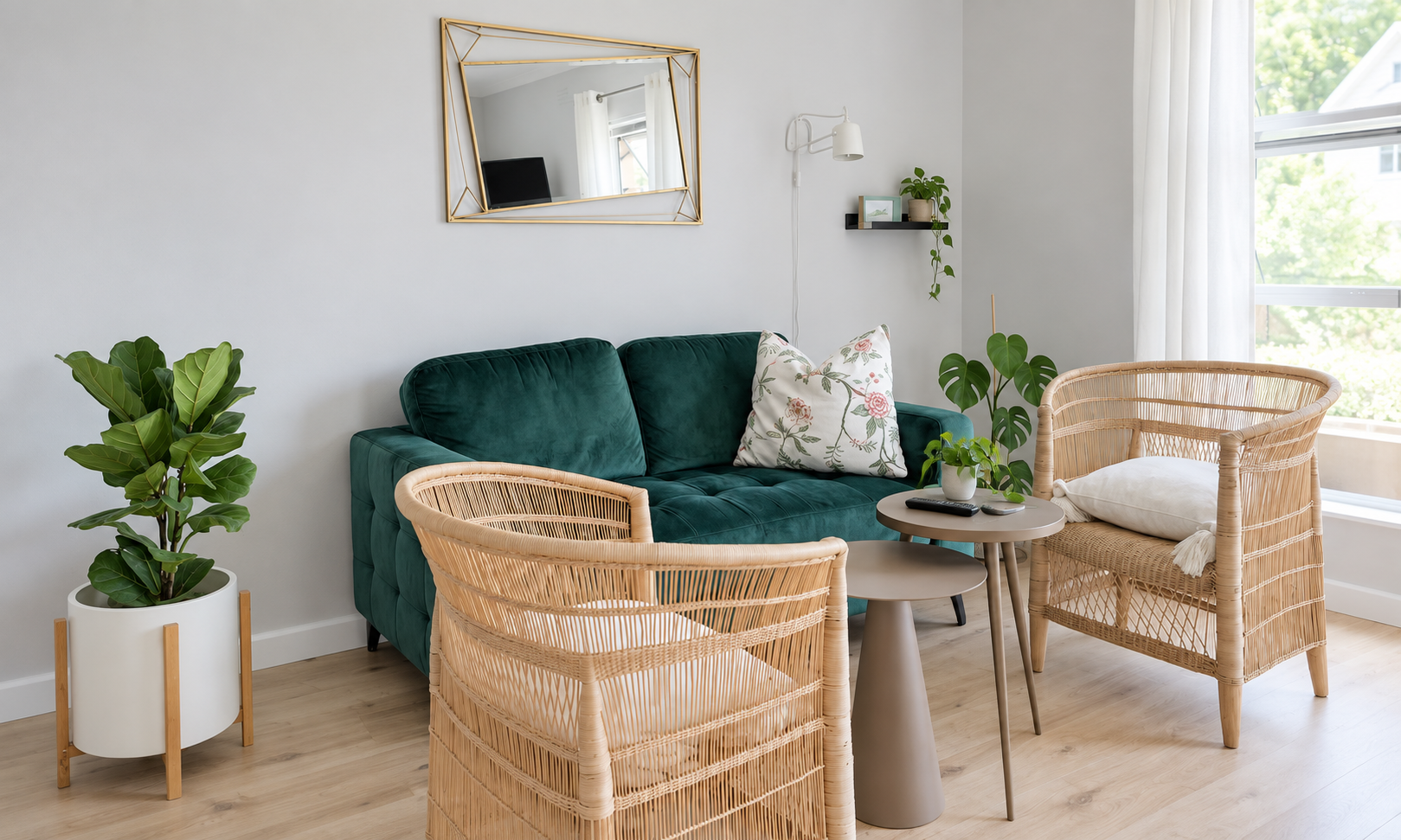 Cozy living room with green velvet sofa, two rattan chairs, small beige coffee table, potted plants, wall mirror, and large windows with white curtains.