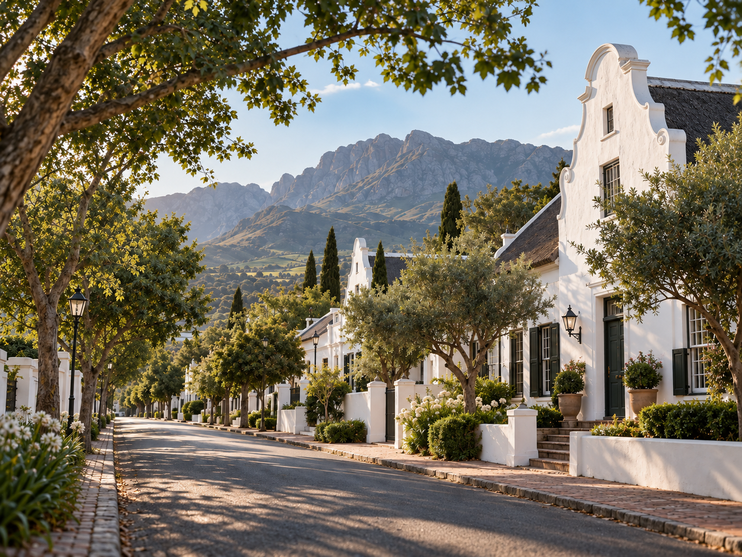 A quiet residential street with white houses, black doors, and potted plants, lined with trees and old-style street lamps, with mountains in the background.