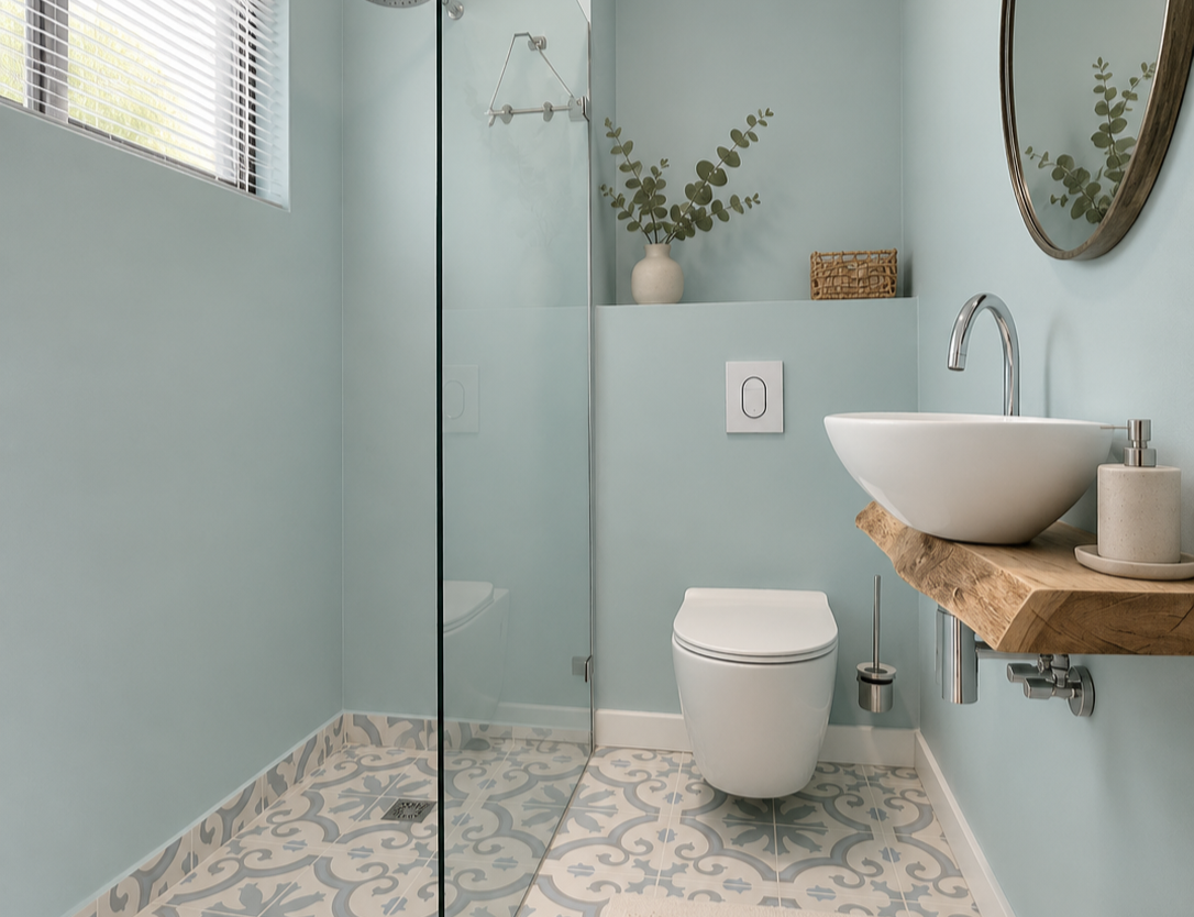 Modern bathroom with a glass shower, wall-mounted toilet, round mirror, floating wooden vanity with vessel sink, and decorative vase with eucalyptus branches.