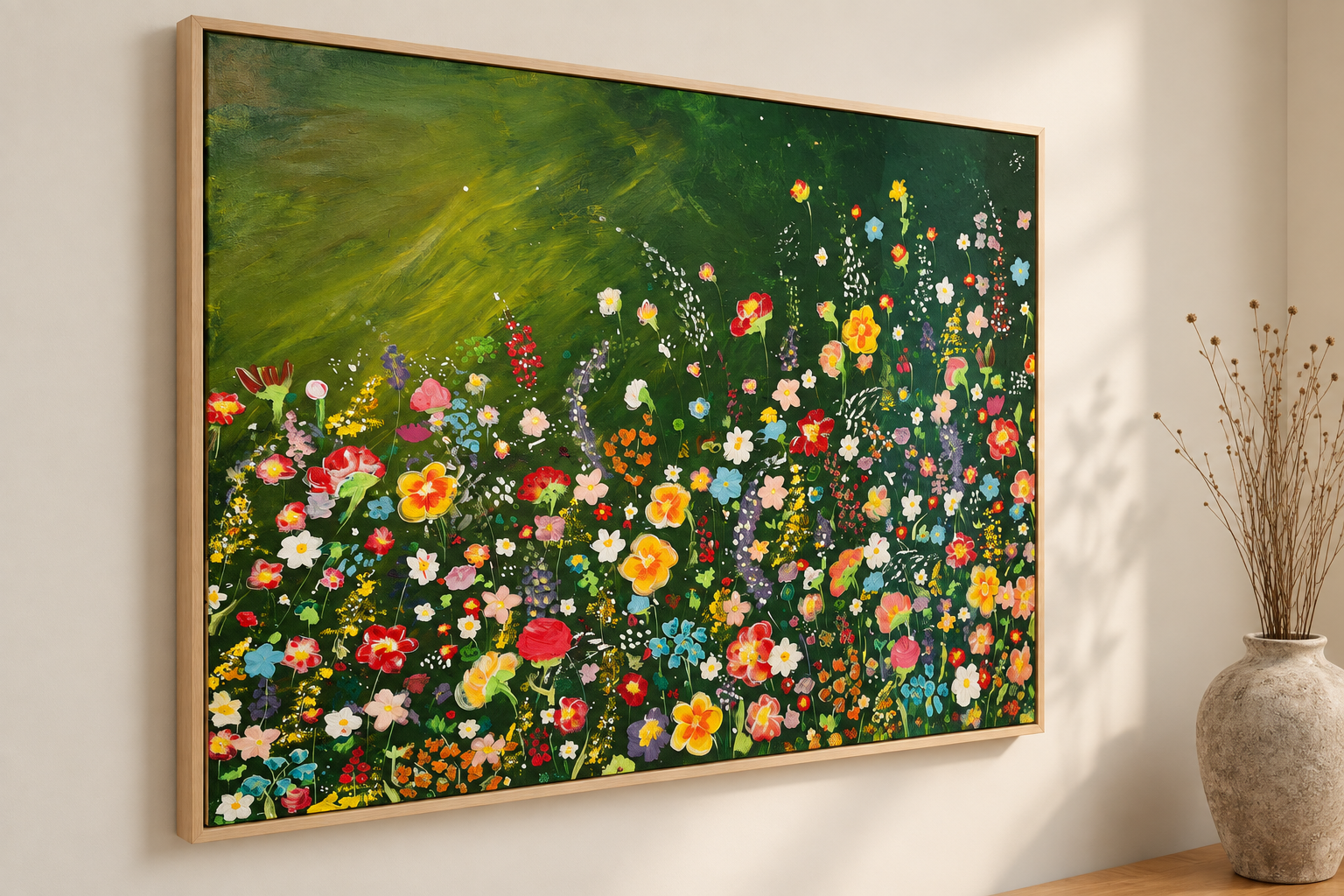 A colorful painting of a vibrant flower garden on a green background hanging on a wall, with a beige vase filled with tall, dried plants next to it.