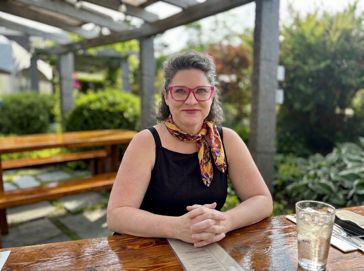 A woman with gray hair wearing pink glasses, a black top, and a colorful scarf sits at a wooden table outdoors, with greenery in the background.