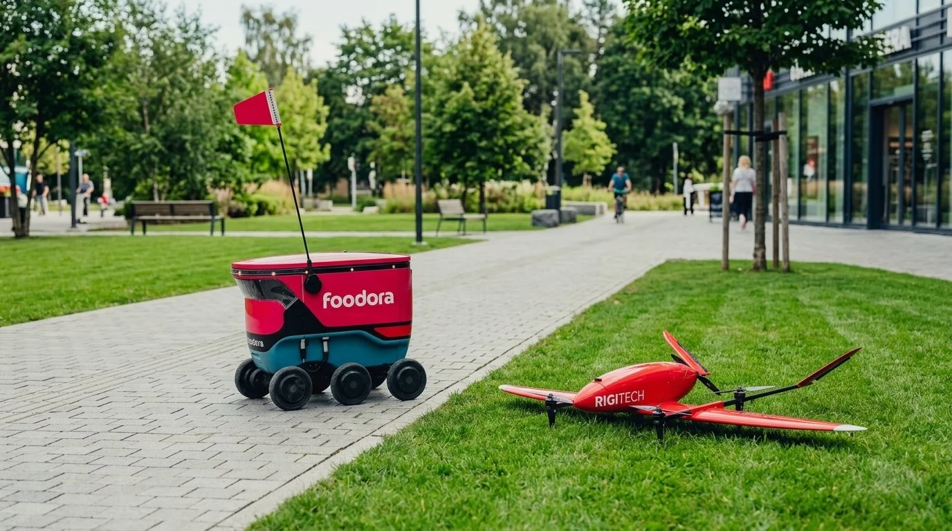 A red Foodora delivery robot with six wheels on a sidewalk, near a grassy area with a red and black drone labeled RIGITECH lying on the grass.