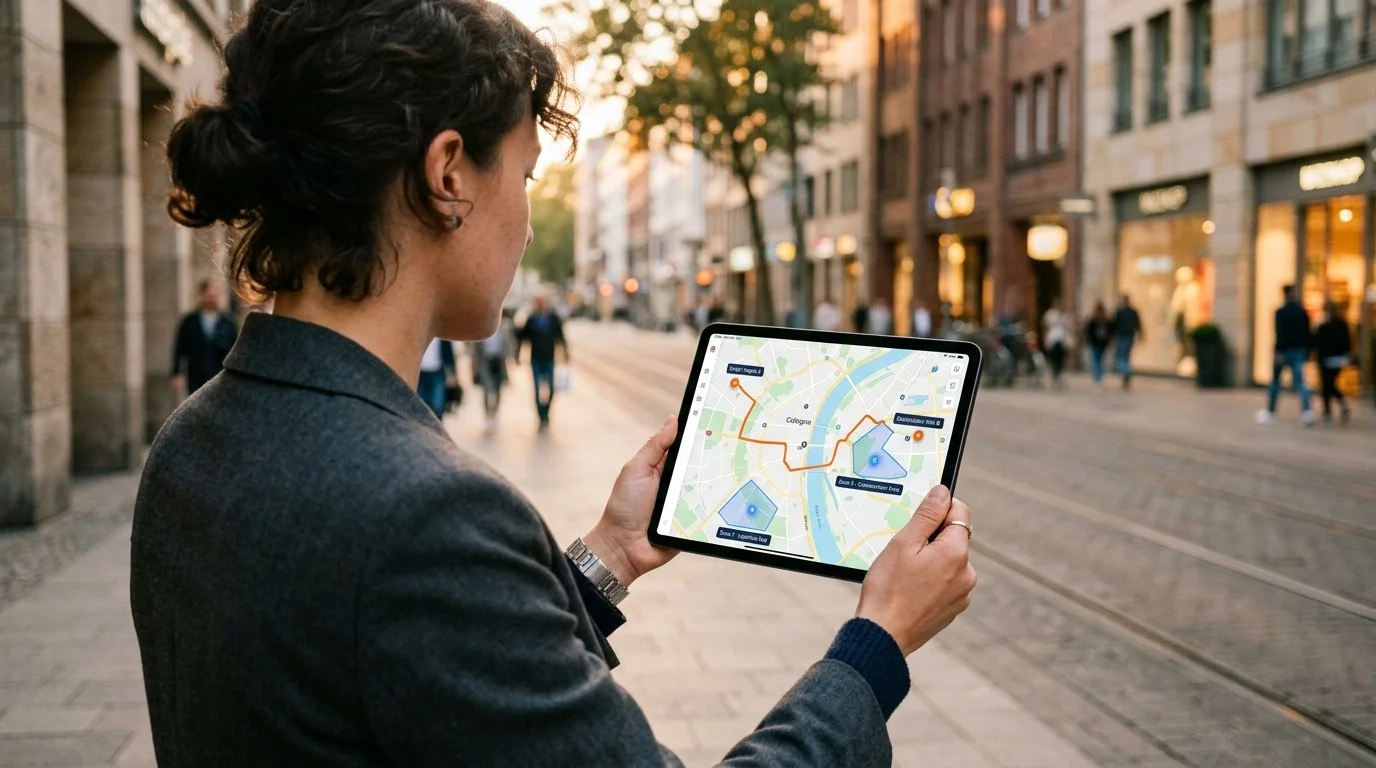 A person with curly hair wearing a gray blazer, holding a tablet with a map and routes in an urban setting during sunset.