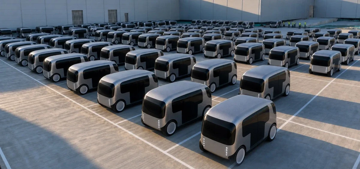 Several autonomous delivery robots parked in a lot outside a warehouse, organized in neat rows.