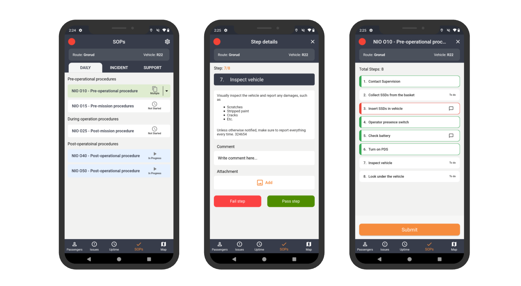 Screenshots of a mobile app displaying Standard Operating Procedures (SOPs) for vehicle inspection and maintenance, including steps for pre-operation, post-operation, and pre-operational procedures for a vehicle model R22.