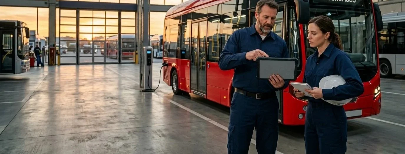 Two transportation workers in navy uniforms reviewing documents in a bus depot with a red electric bus and other buses in the background at sunset.