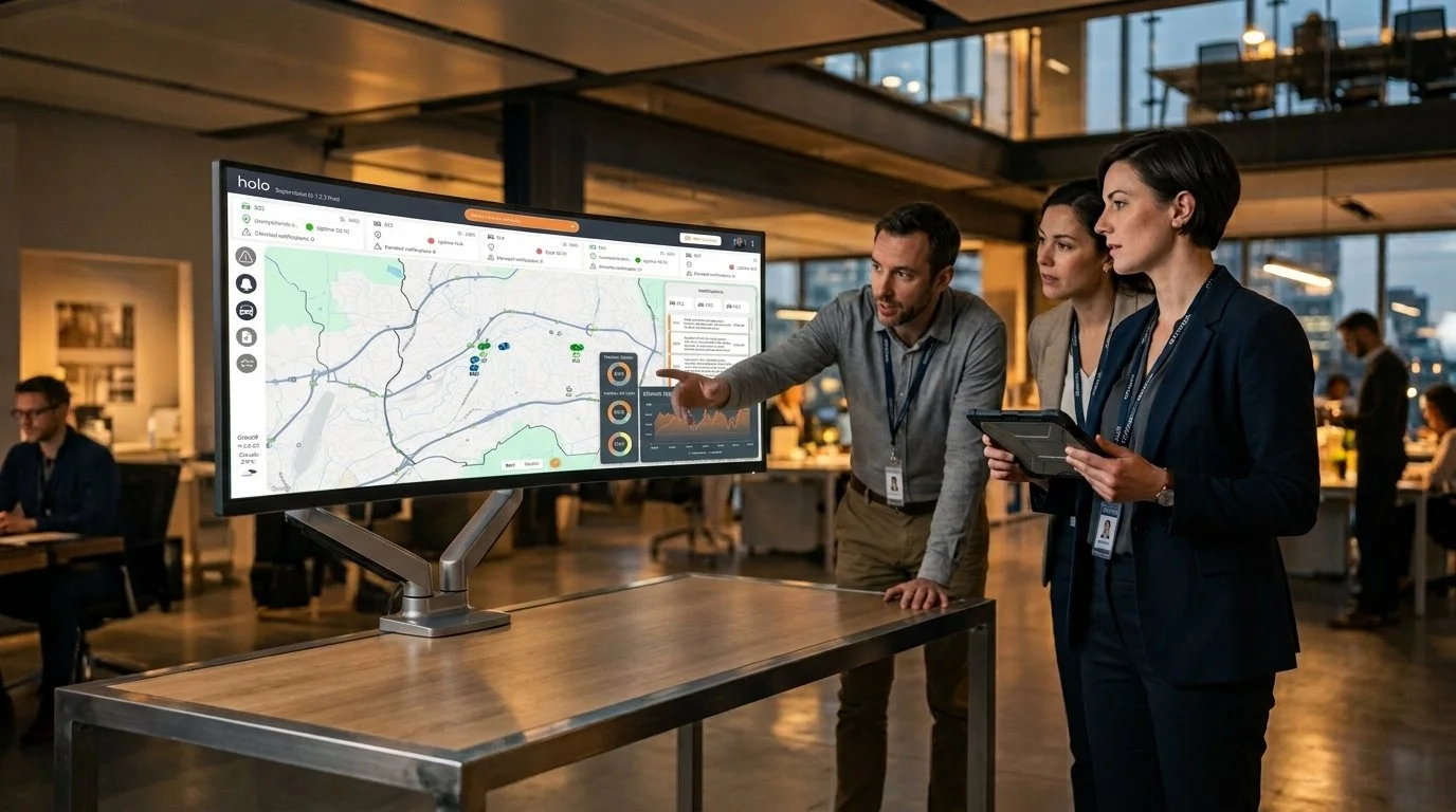 Three business professionals discuss data on a large monitor in a modern office, with other employees working in the background.